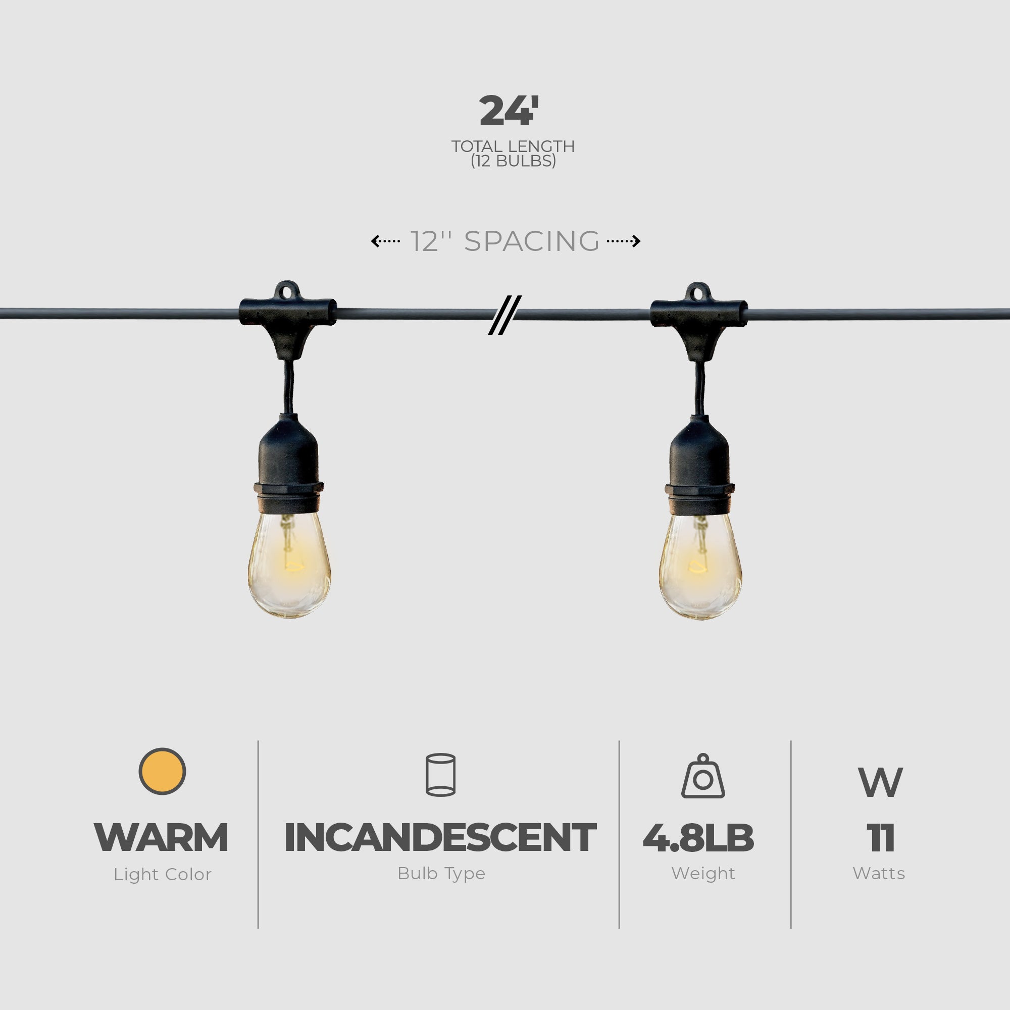 Globe 24 Feet 11 Watts Dublin Incandescent Vintage String 12 Bulb Light Set - VMInnovations