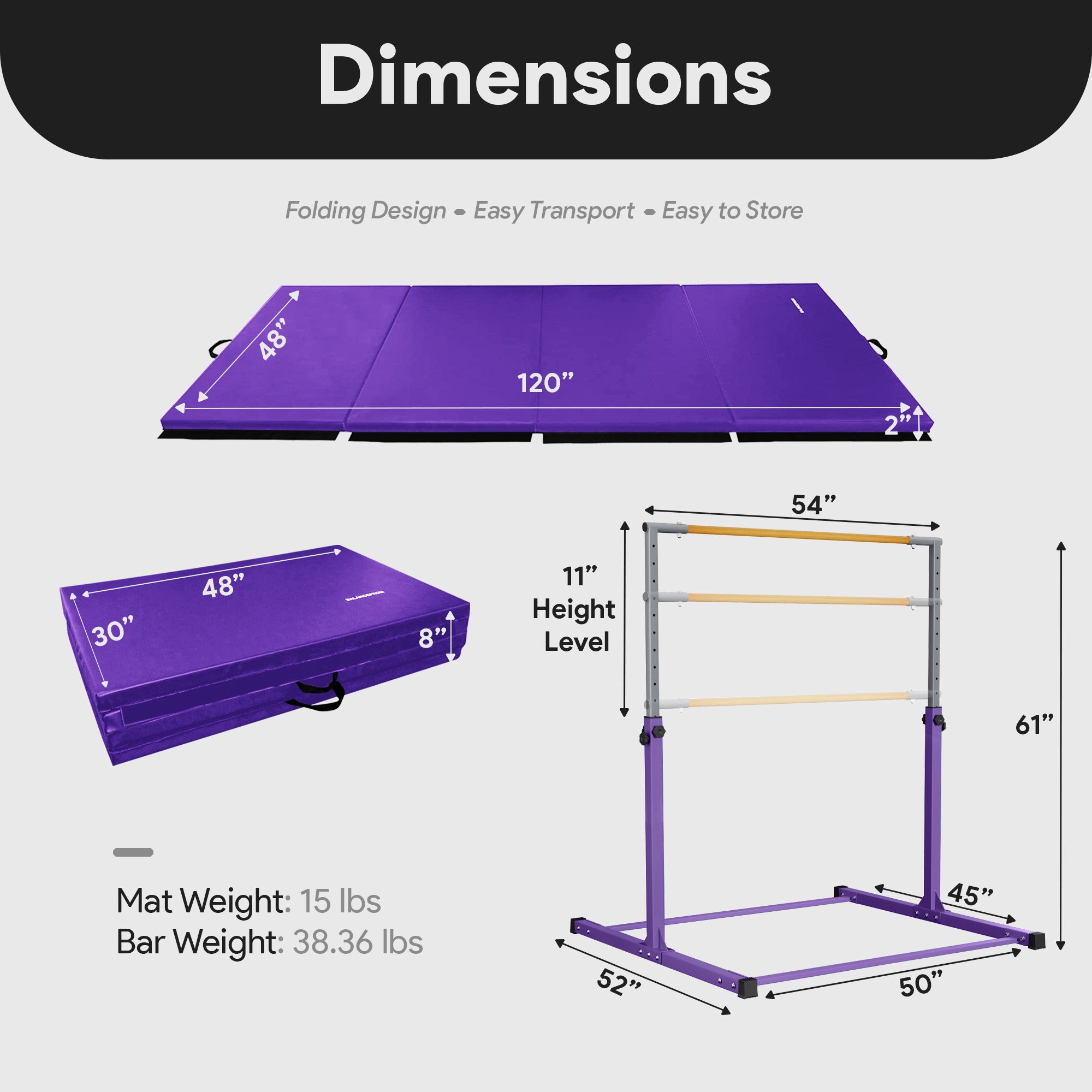 BalanceFrom Fitness 120" x 48" Exercise Mat & Adjustable Gymnastics Bar, Purple - VMInnovations