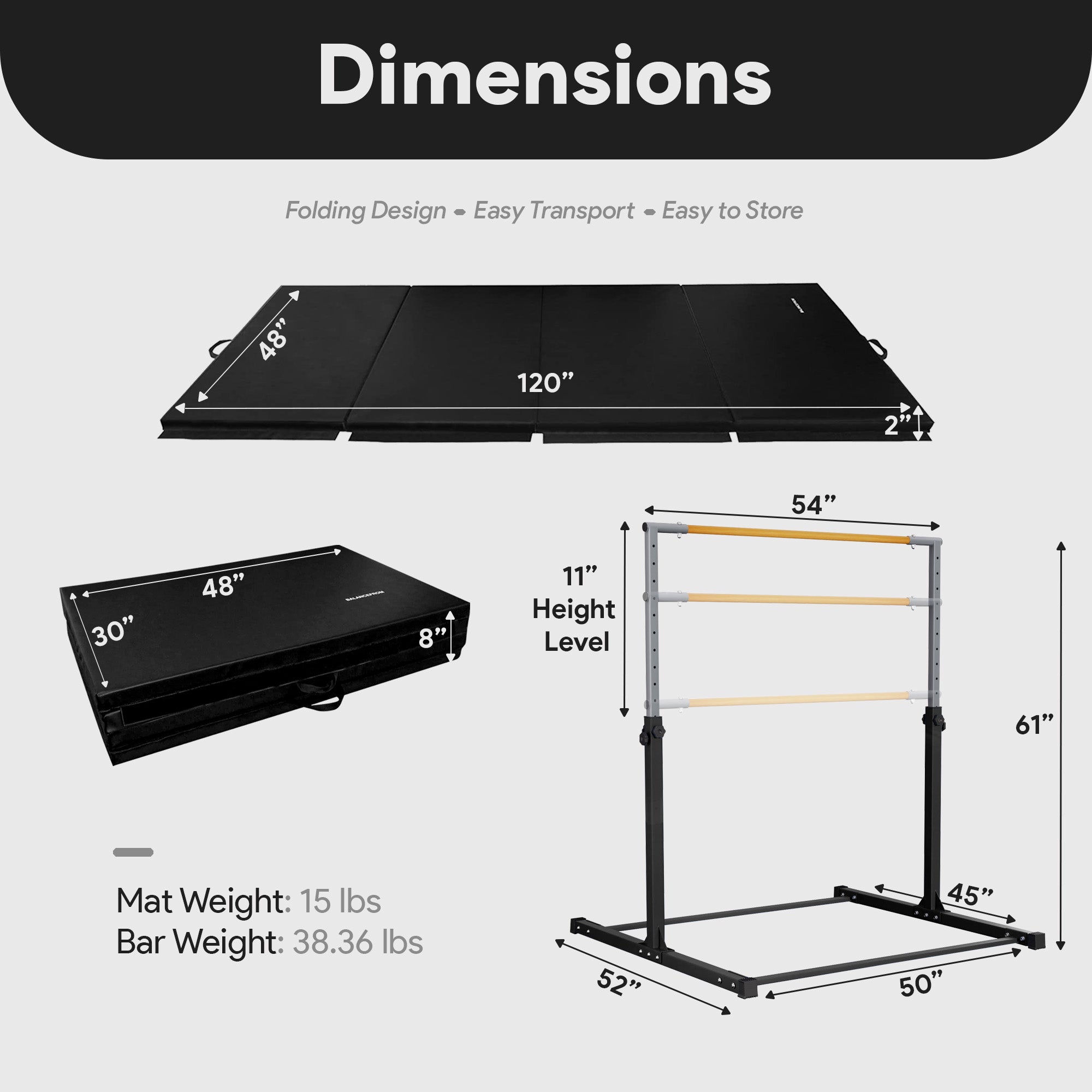 BalanceFrom Fitness 120" x 48" Exercise Mat & Adjustable Gymnastics Bar, Black - VMInnovations