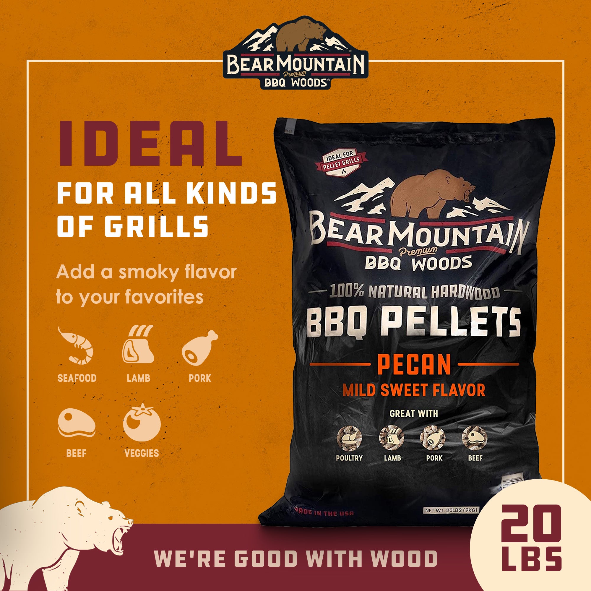 Bear Mountain BBQ 100% Hardwood Pecan Sweet Flavor Pellets, 20 lbs (Open Box) - VMInnovations