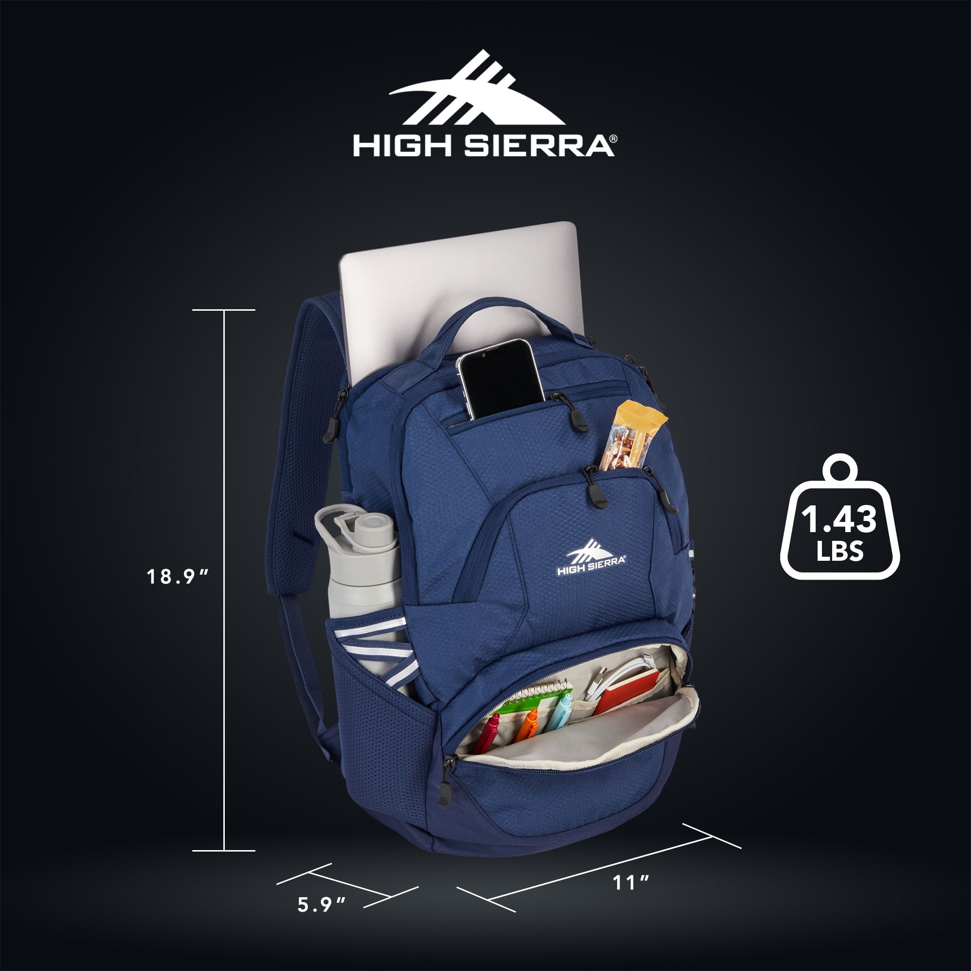 High Sierra Backpack, Bookbag Fits most 17” Laptops, 30L Capacity,Navy(Open Box) - VMInnovations