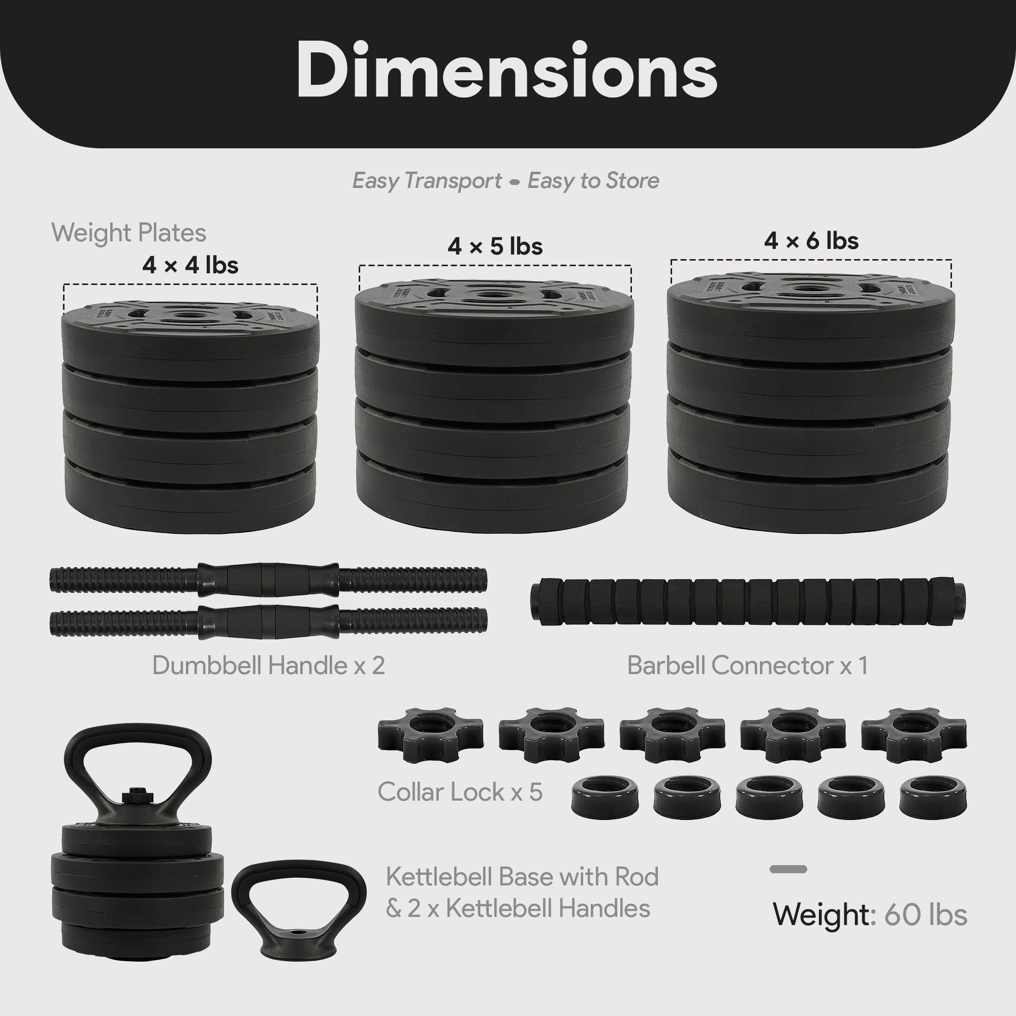 Fitvids 4 in 1 Adjustable Dumbbell Set, 60lbs Free Weights Set (Open Box) - VMInnovations