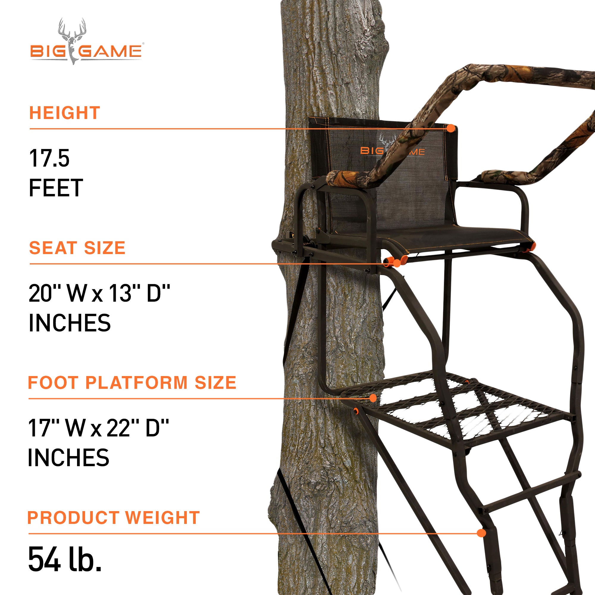 Big Game Striker XL 17.5' Ladder Treestand with Flip-Back Seat and Rail, Black - VMInnovations