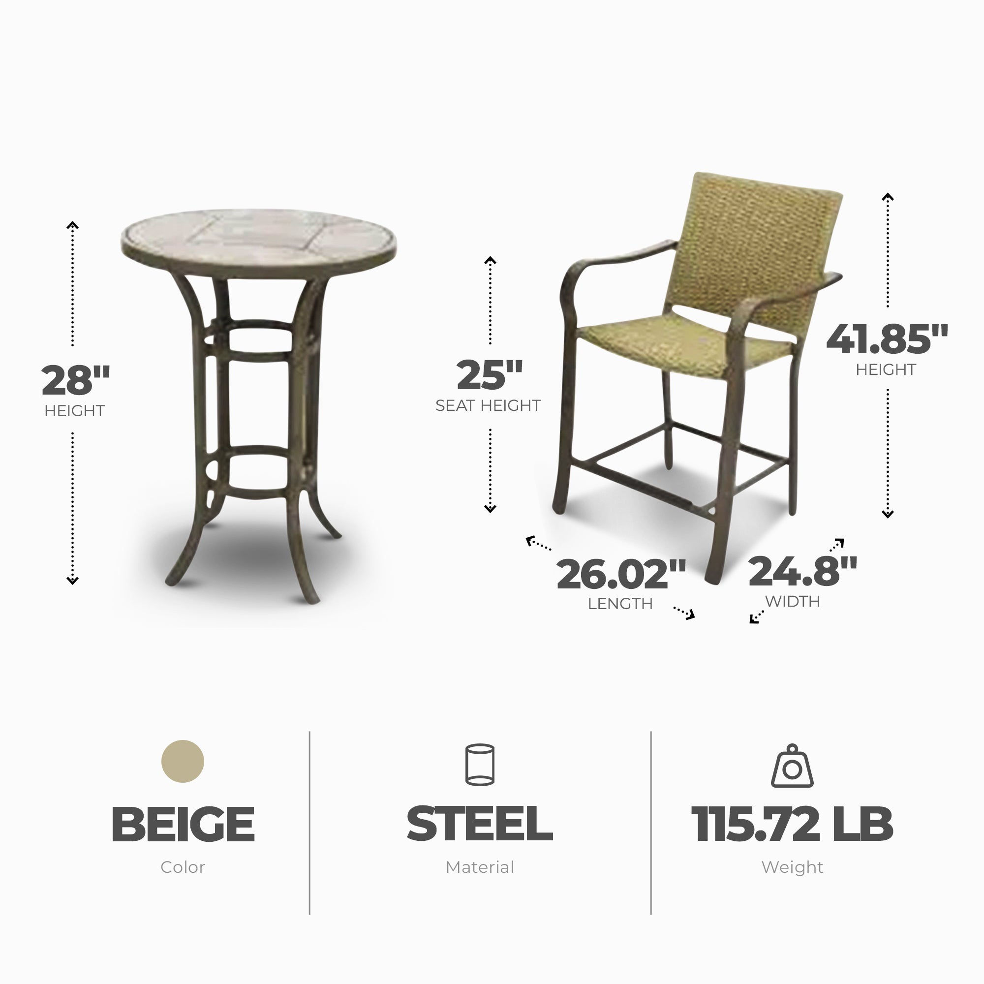 Four Seasons Courtyard Amalfi 3 Piece Balcony Height Outdoor Dining Set, Beige - VMInnovations