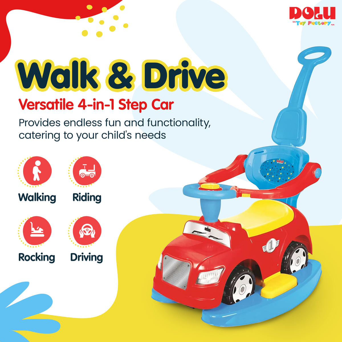 DOLU 4-in-1 Step Car with Parental Handle, for Toddlers 12 Months Old and Up - VMInnovations