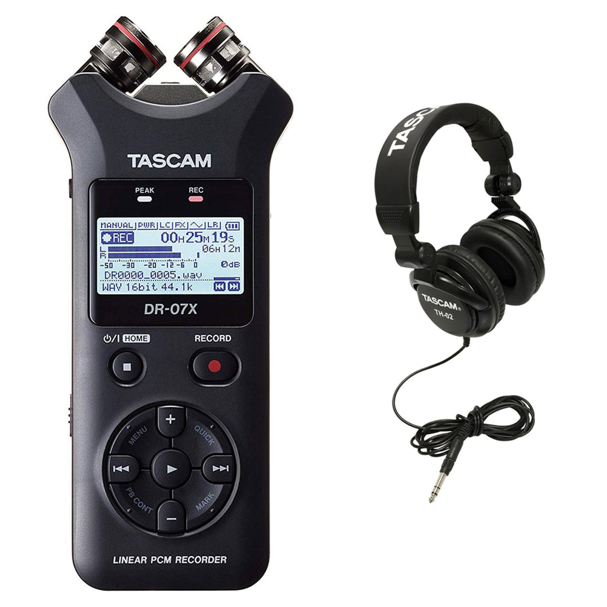Tascam DR-07X Stereo Handheld Digital Audio Recorder + Home & Studio Headphones