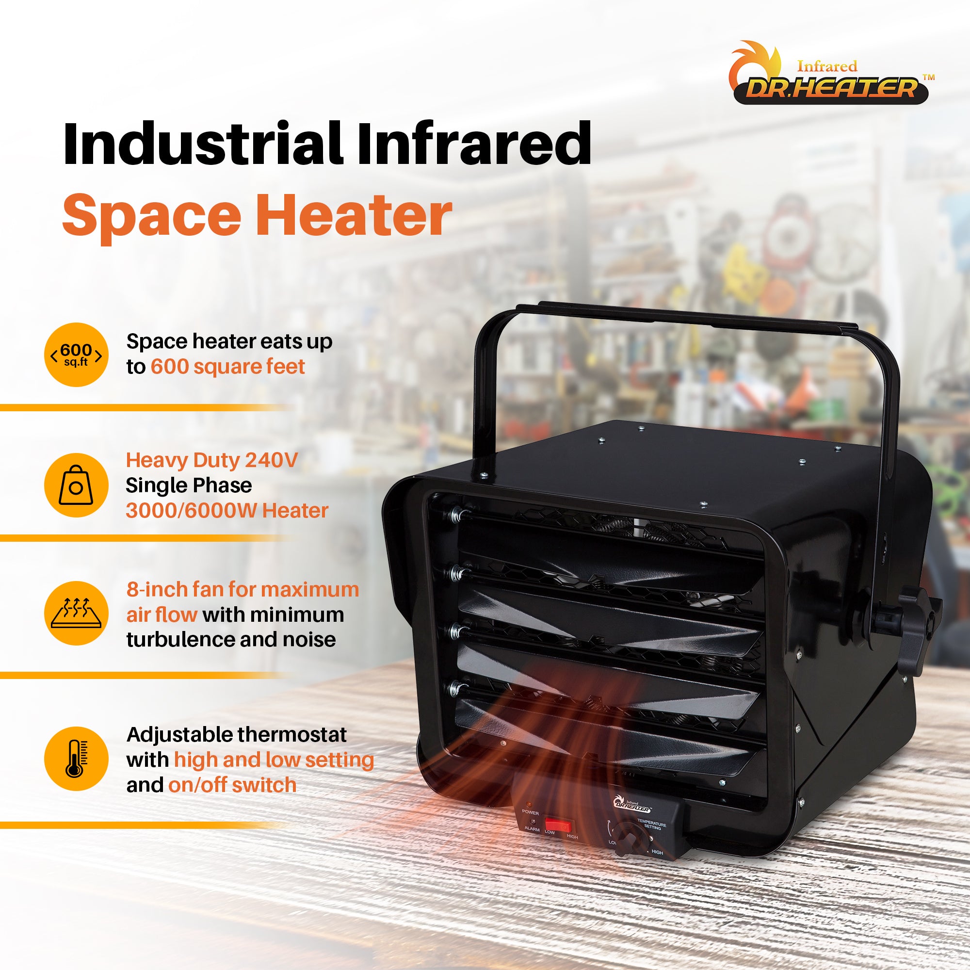 Dr. Heater 240V Hardwired Garage Commercial Heater, 3000W/6000W (For Parts) - VMInnovations