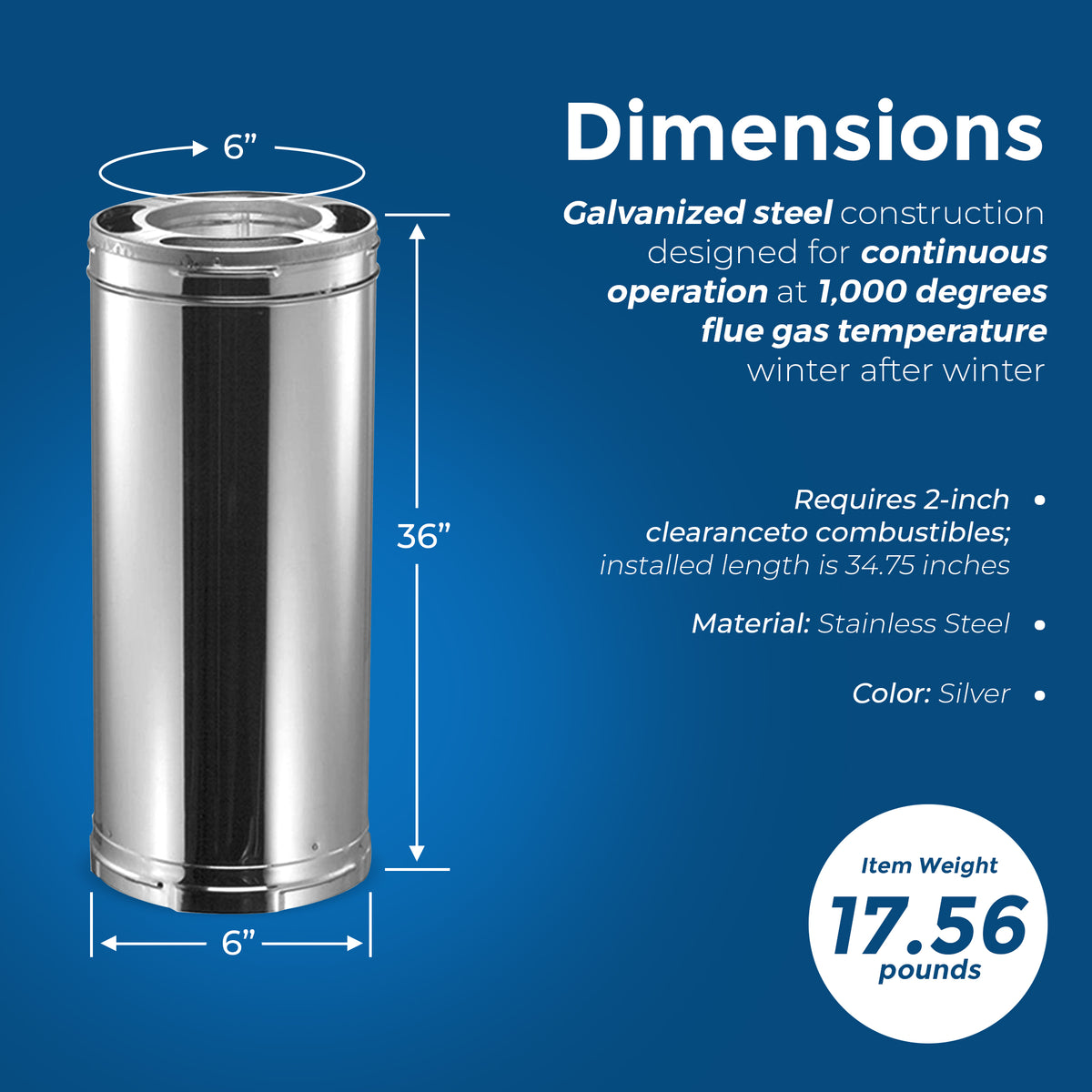 DuraVent 6DP-36 DuraPlus 36 x 6 Galvanized Steel Triple Wall Stove Pipe(Damaged)