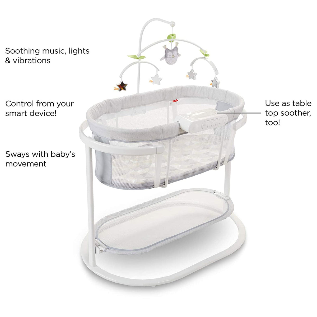 Fisher Price Soothing Motions Baby Bassinet with Mobile and Smart Connect, White - VMInnovations