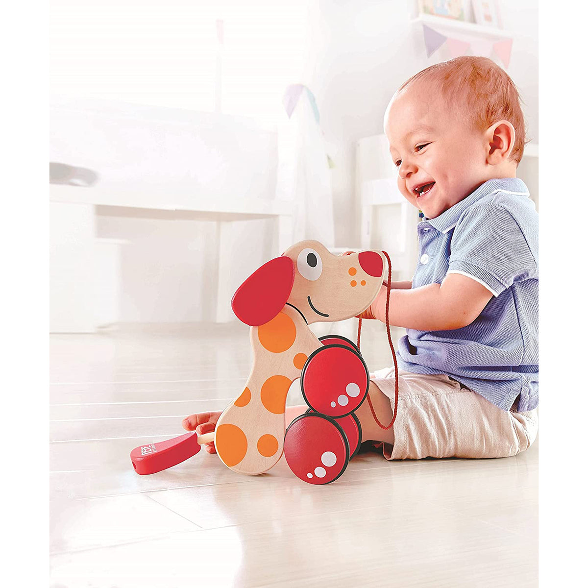 Hape Walk A Long Pepe Puppy Wooden Push Pull Toy, Ages 1 and Up, Red and Orange - VMInnovations