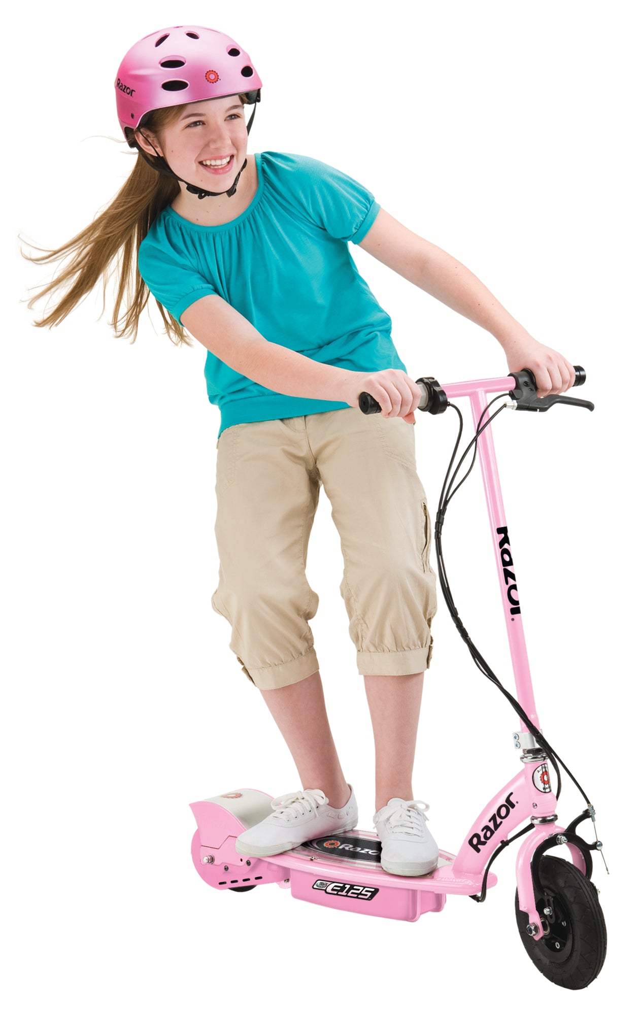 Razor E125 Electric Rechargeable Scooter + Bicycle Helmet + Elbow & Knee Pad Set