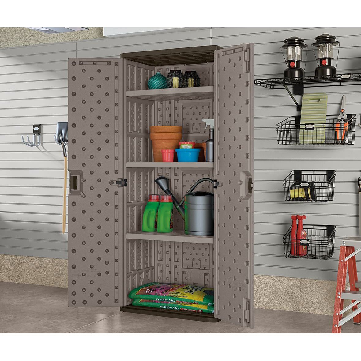 Suncast Tall Storage Cabinet Building with Shelves and Doors, Platinum (2 Pack)