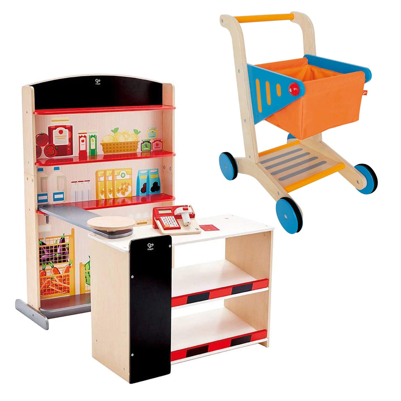 Hape Pop Up Grocery Shop Kids Play Set Bundle w/ Mini Supermarket Shopping Cart