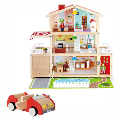 Hape All Season Kids 10 Room Dollhouse Bundle with Wooden Family Play Toy Car