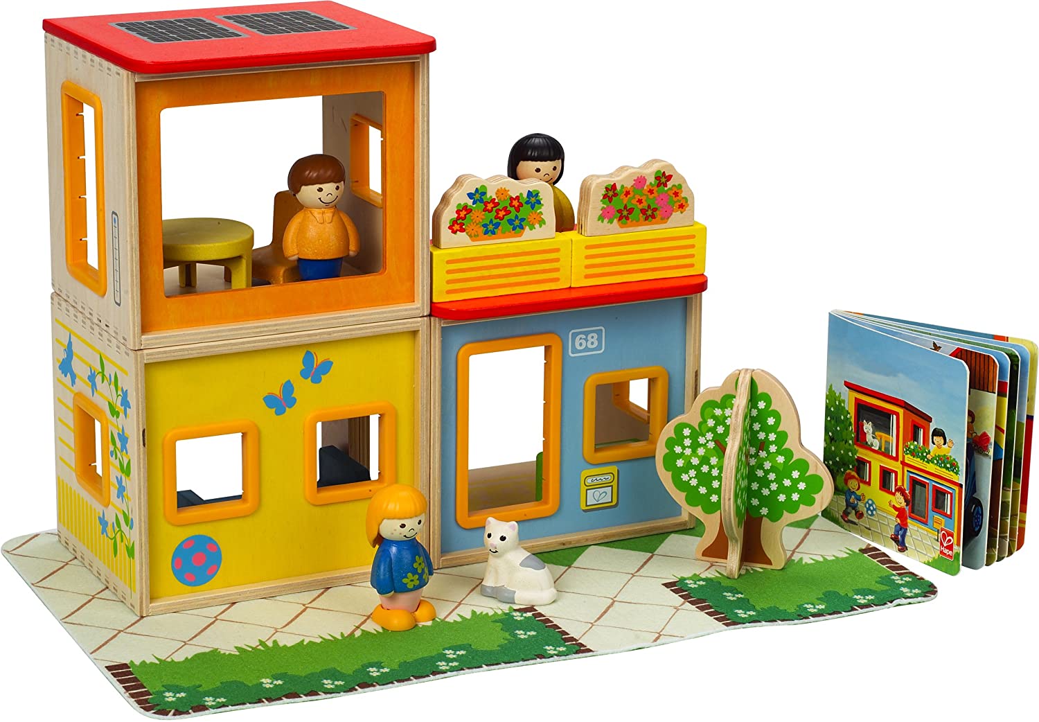 Hape Kids Happy Family Stackable Wooden City Dollhouse w/ 3 Figures and Play Mat