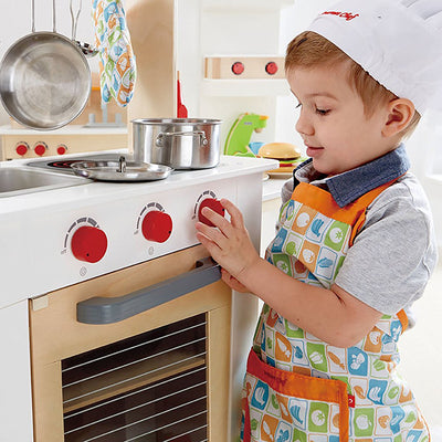 Hape Cook 'N Serve Kids Pretend Play Wooden Cooking Kitchen Bundle w/ Play Food