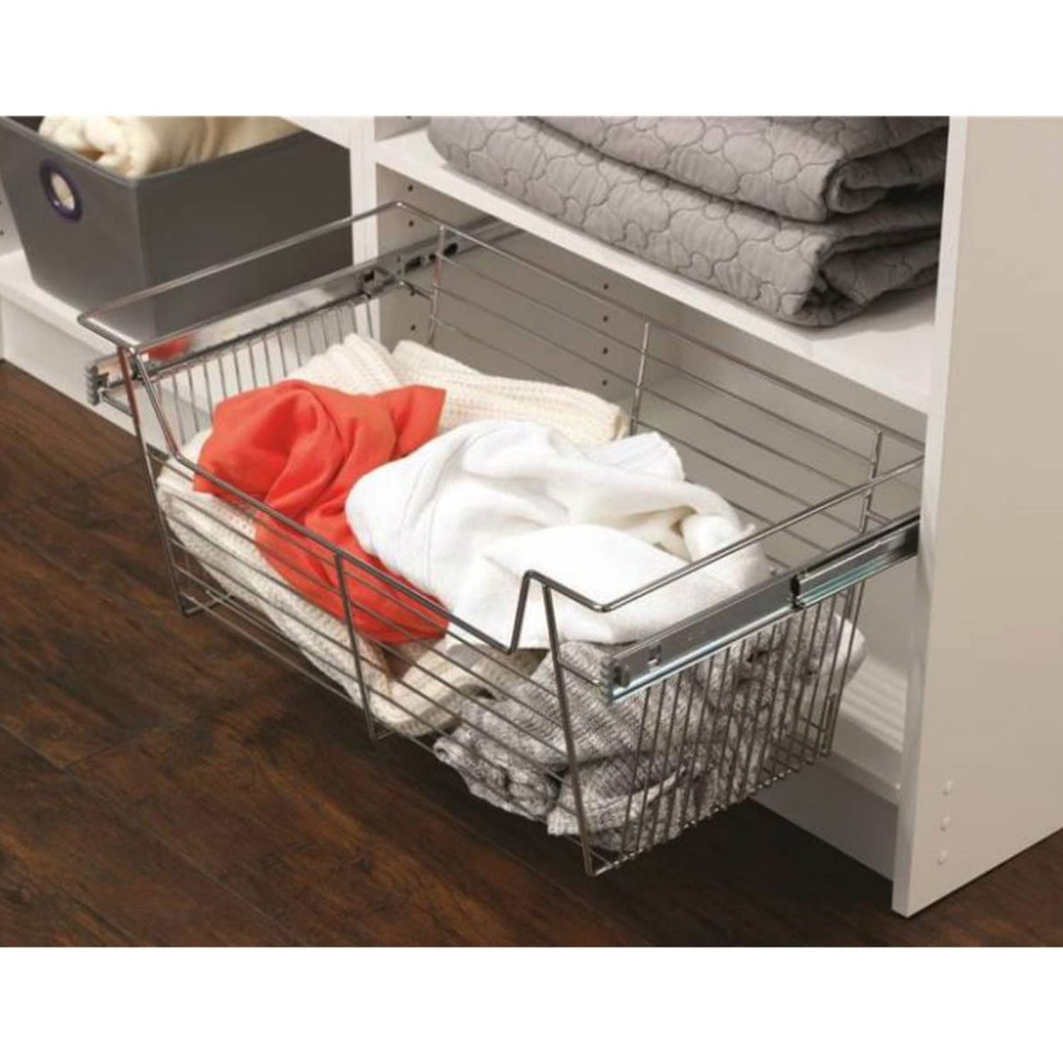 Easy Track 24 Inch Metal Sliding Wire Closet Storage Basket Organizer, Chrome