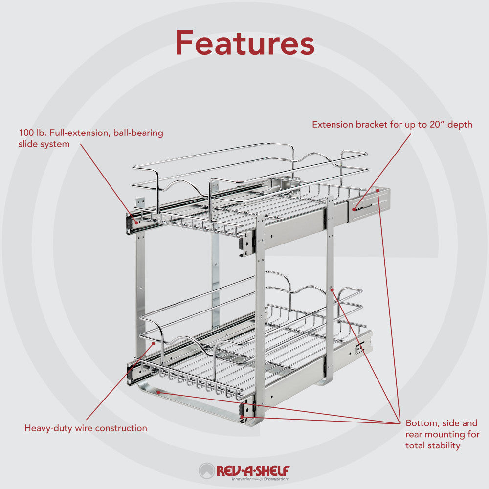 Rev-A-Shelf 12" x 18" 2-Tier Cabinet Pull Out Wire Basket, Chrome (Refurbished)