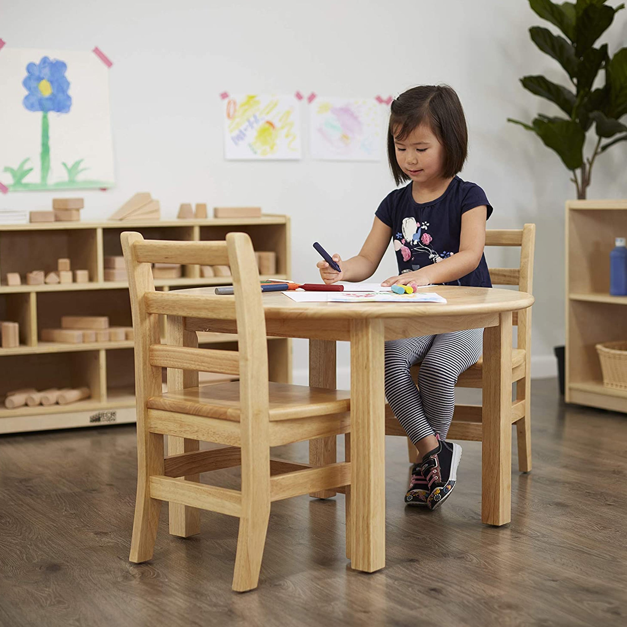 ECR4Kids 30 Inch Hardwood Round Table w/ 2 Chair Play Set for Activities (Used) - VMInnovations