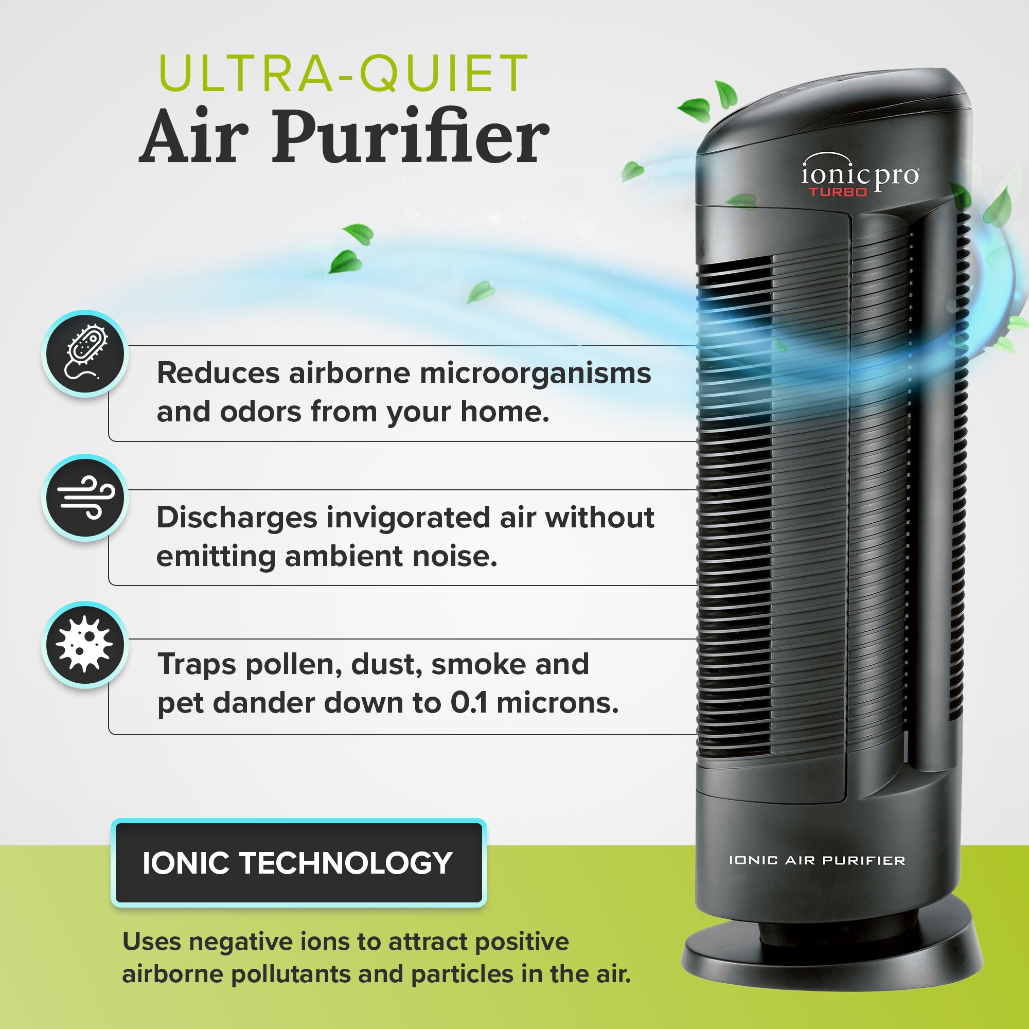 ENVION Ionic Pro Turbo Medium to Large Room HEPA Air Purifier Tower w/ 3 Speeds - VMInnovations