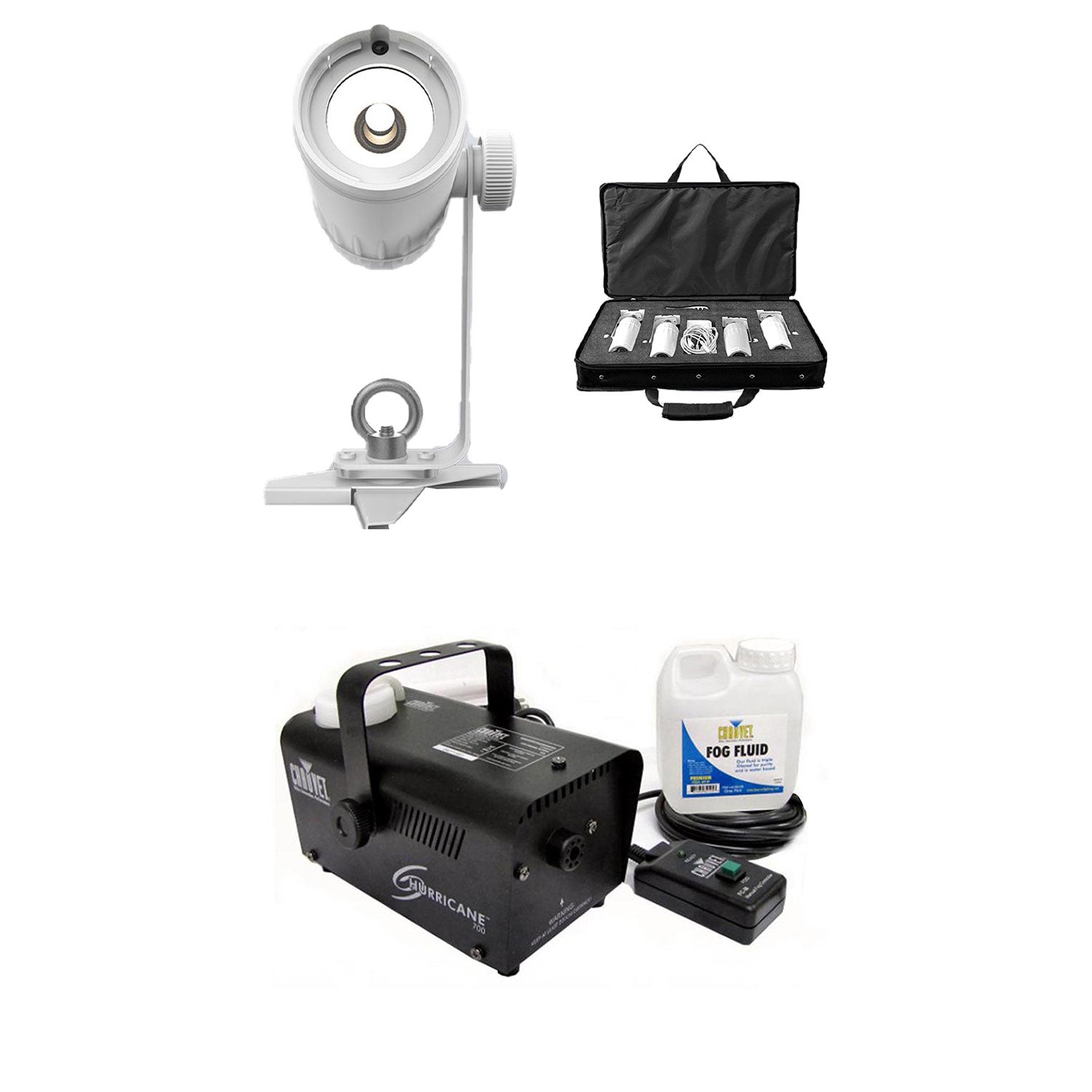 Chauvet DJ EZ Pin 4 Pack LED Spot Stage Lighting + Hurricane Pro Fog Machine