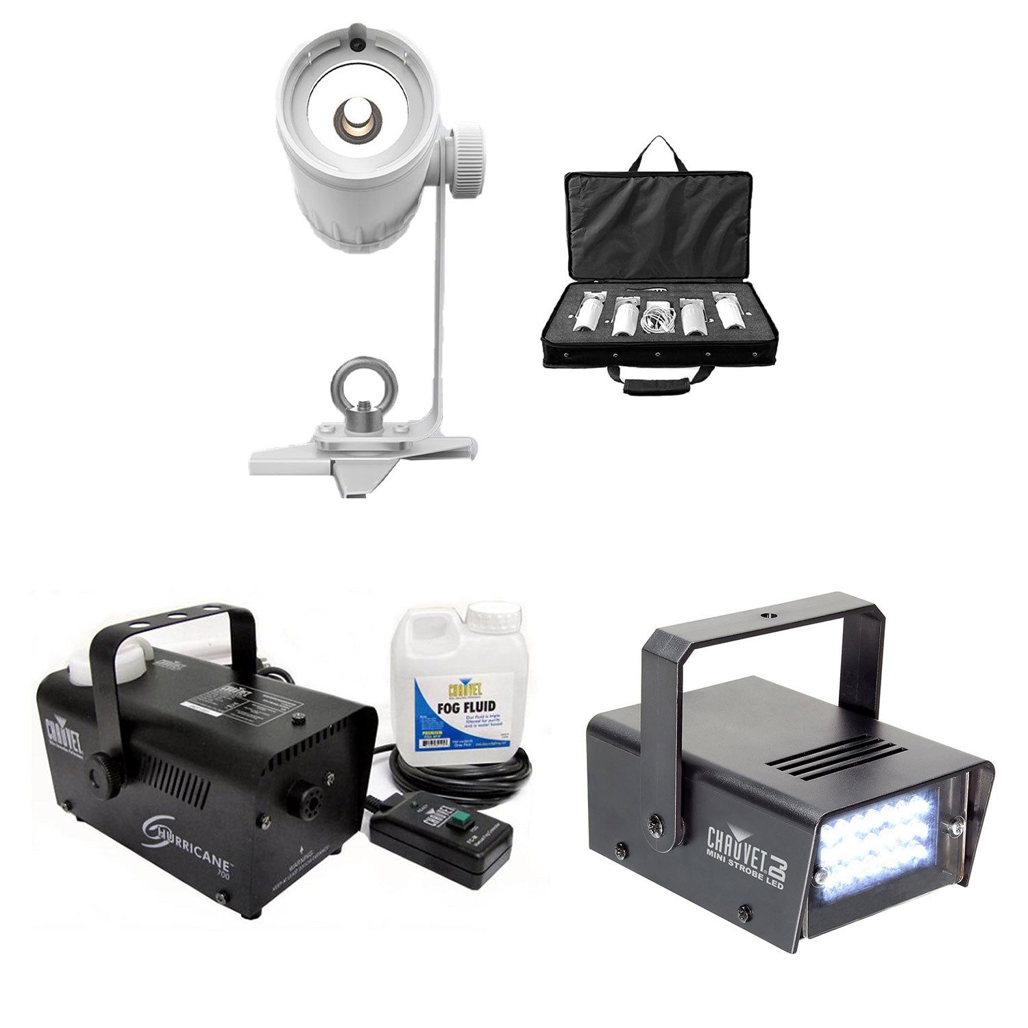 Chauvet DJ EZ Pin 4 Pack Spot Stage Light + Fog Machine + Mini Strobe Light