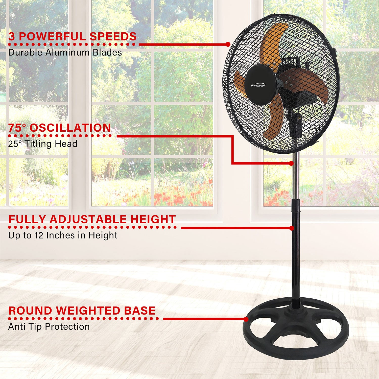 Brentwood 3 Speed Whisper Quiet Oscillating 12" Adjustable Stand Fan,Black(Used) - VMInnovations