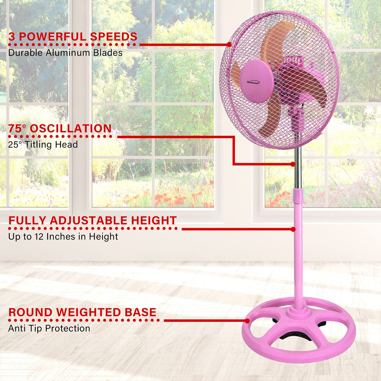 Brentwood 3 Speed Whisper Quiet Oscillating 12" Adjustable Stand Fan (Open Box)