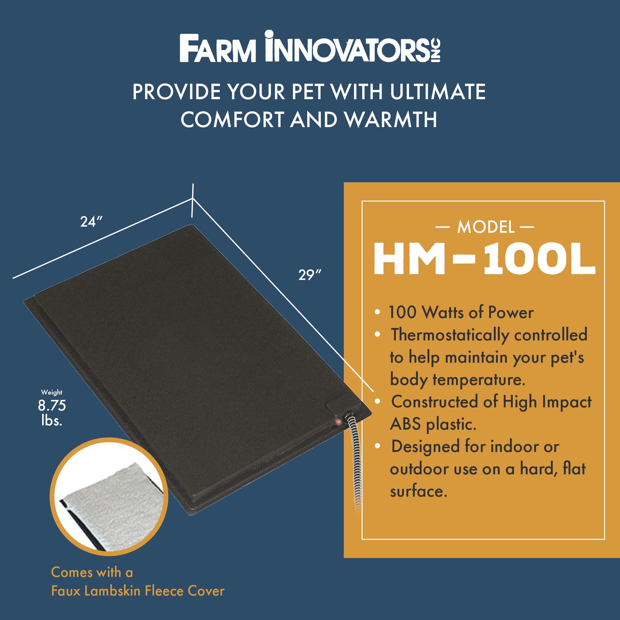 Farm Innovators HM-100L Large Plastic Heated Pet Mat with Fleece Cover, 100 Watt