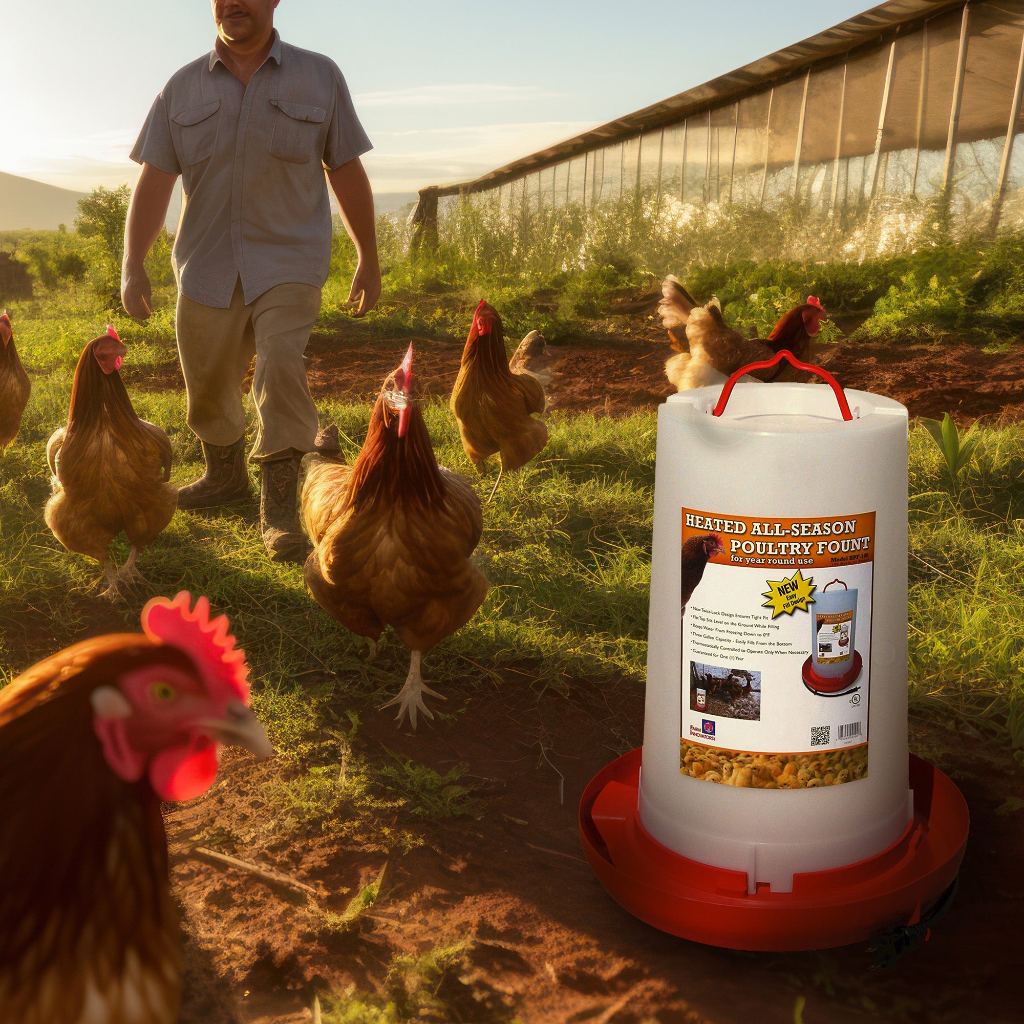Farm Innovators Heated 3 Gal Plastic Hanging Poultry Water Fountain (Open Box) - VMInnovations