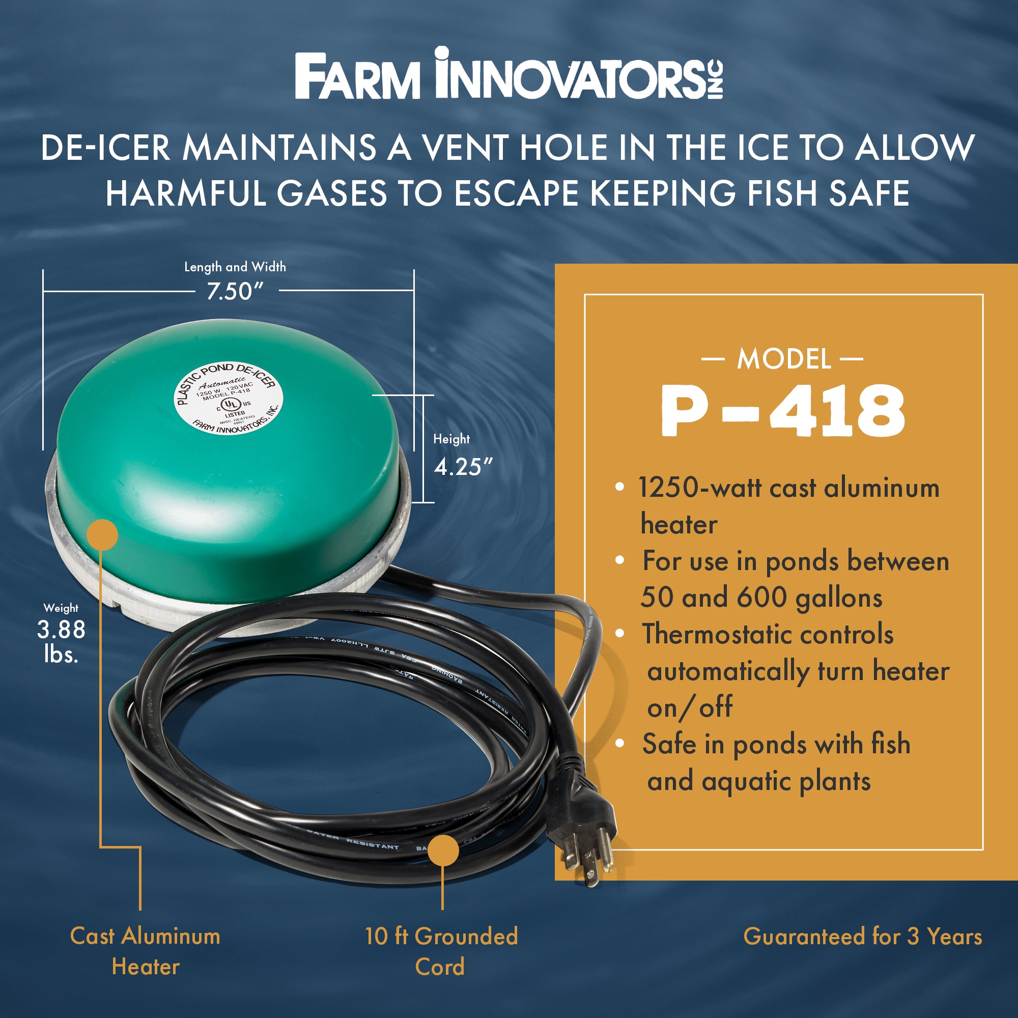 Farm Innovators Cast Aluminum 1250W All Pond Floating De-Icer Heater (For Parts) - VMInnovations