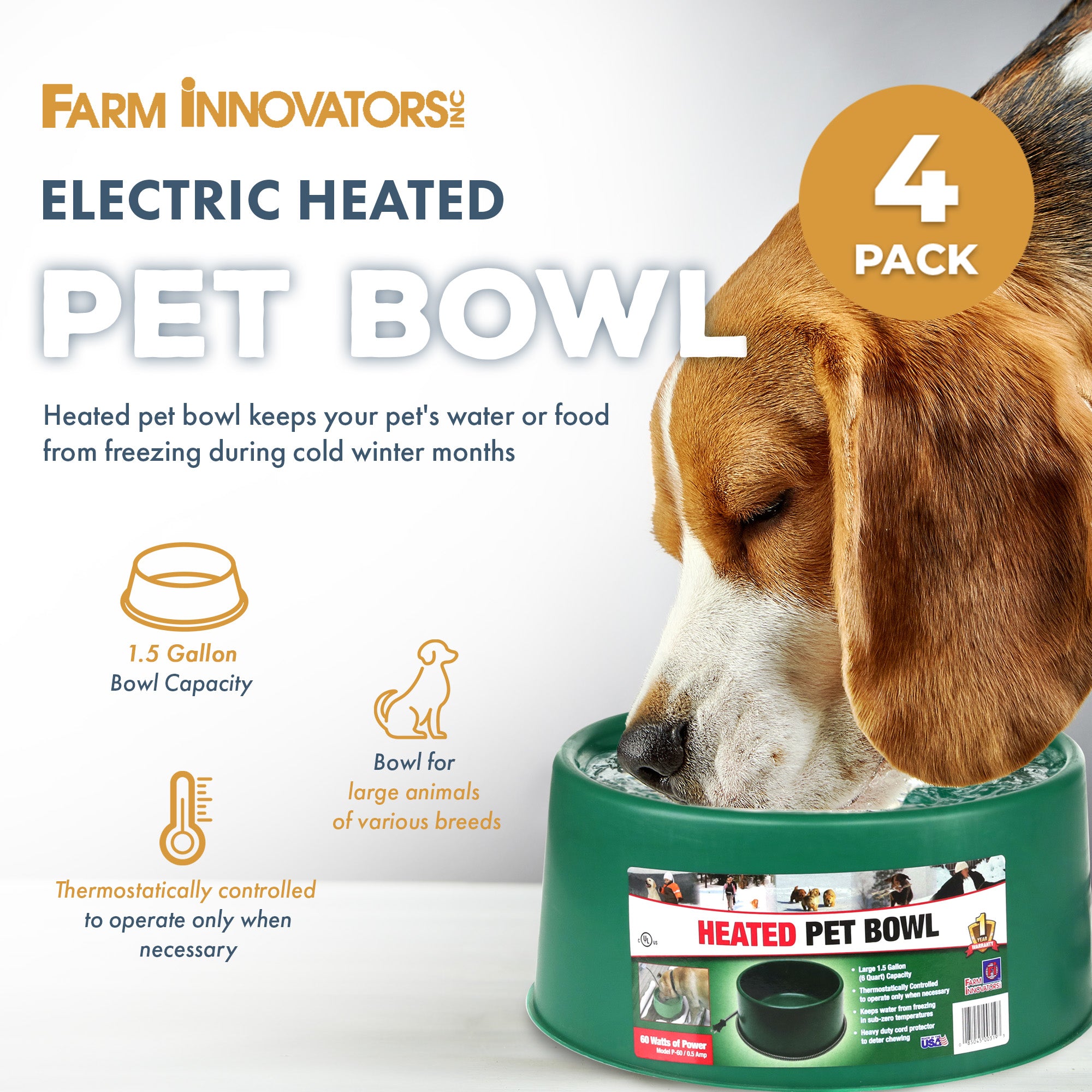 Farm Innovators P-60 1.5 Gallon Electric Heated Pet Water Bowl, 60 Watt, 4 Pack