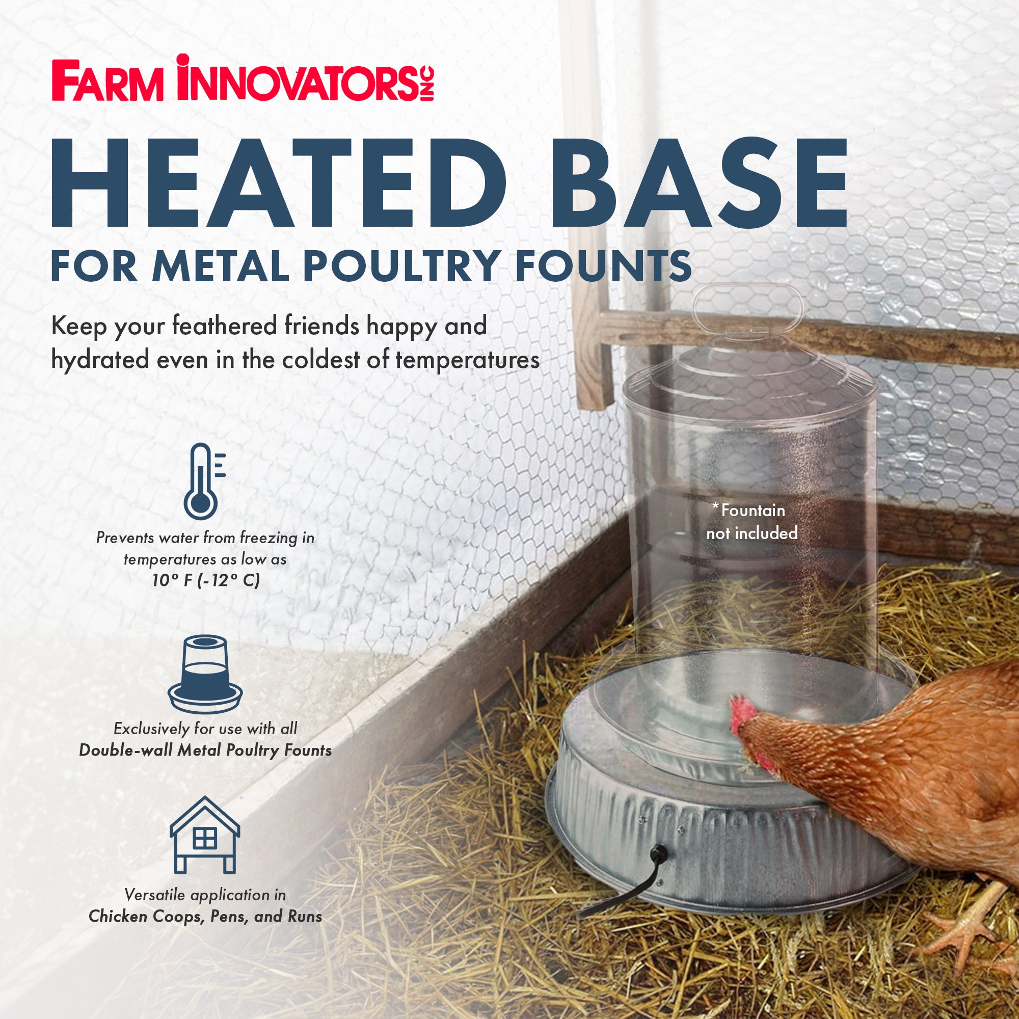 Farm Innovators 125W Heated Base for Double Wall Metal Poultry Founts, Metallic - VMInnovations