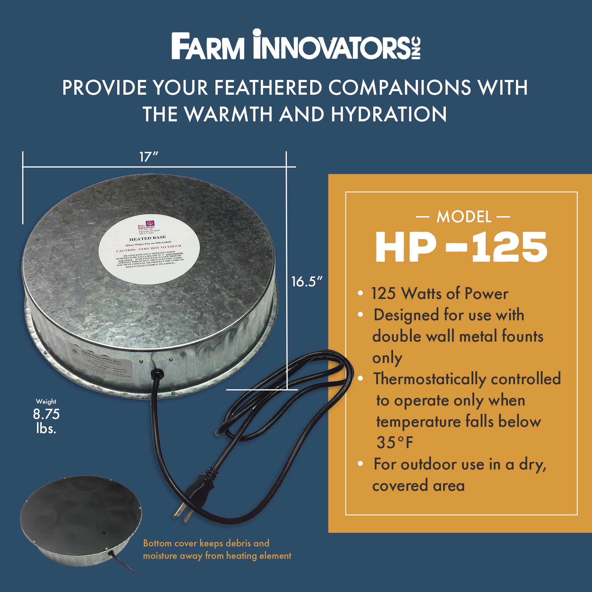 Farm Innovators 125W Heated Base for Double Wall Metal Poultry Founts, Metallic - VMInnovations