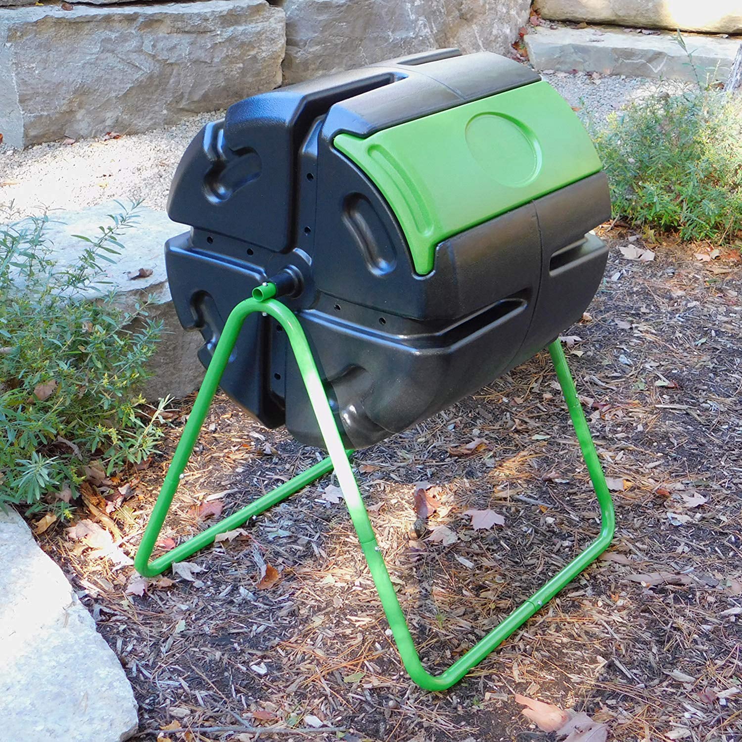 FCMP Outdoor HOTFROG 37 Gallon Plastic Single Roto Tumbling Composter Bin, Green - VMInnovations