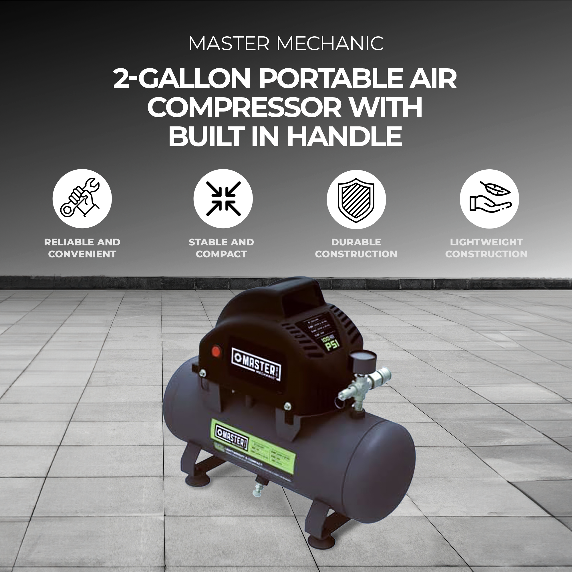 Master Mechanic Portable Air Compressor with Built In Handle, 2 Gallon, Black - VMInnovations