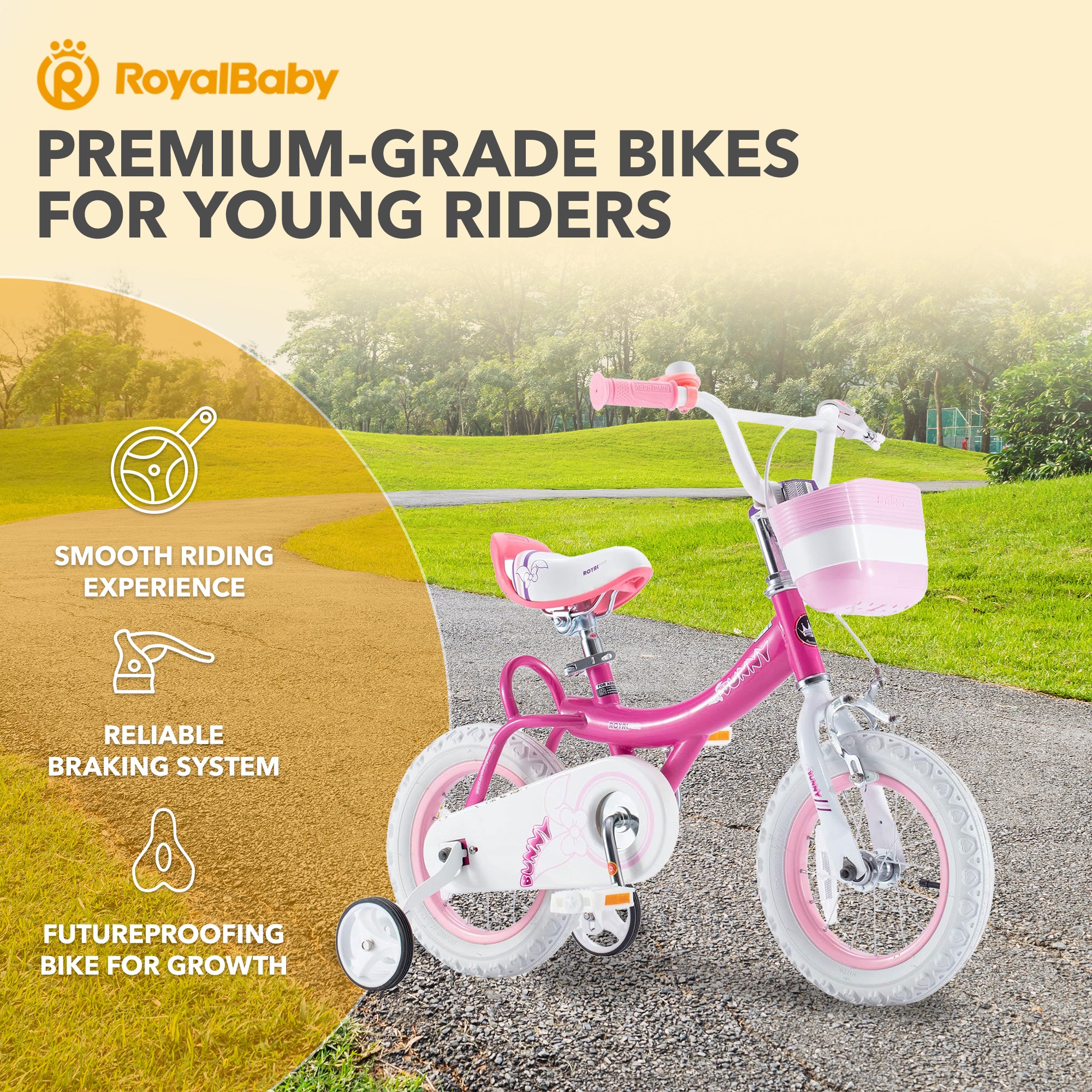 RoyalBaby Princess Girl Bike 16" w/Training Wheels & Kickstand, Bunny/Fuchsia - VMInnovations