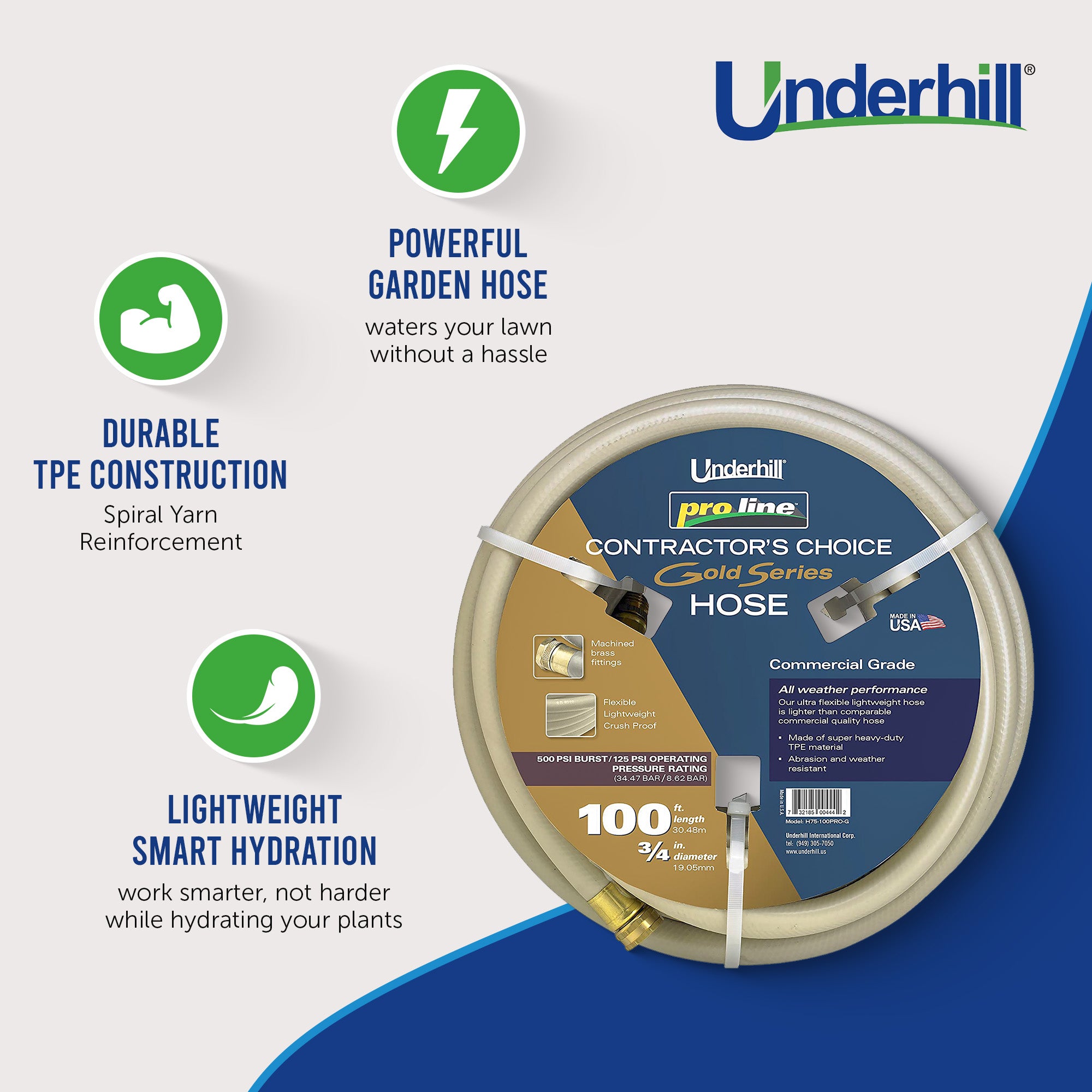 Underhill ProLine Gold Series 3/4 Inch x 100 Foot Garden Water Hose (Open Box)