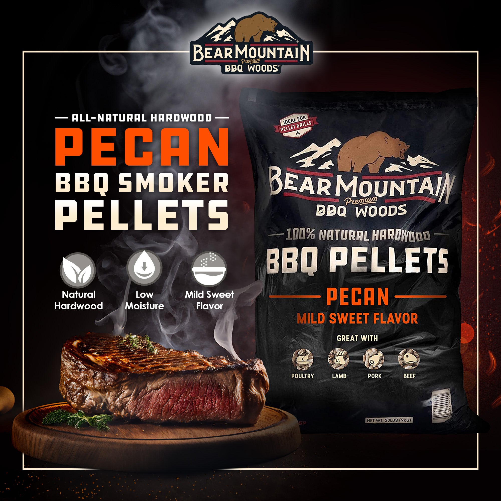 Bear Mountain BBQ 100% Hardwood Pecan Sweet Flavor Pellets, 20 lbs (Open Box)
