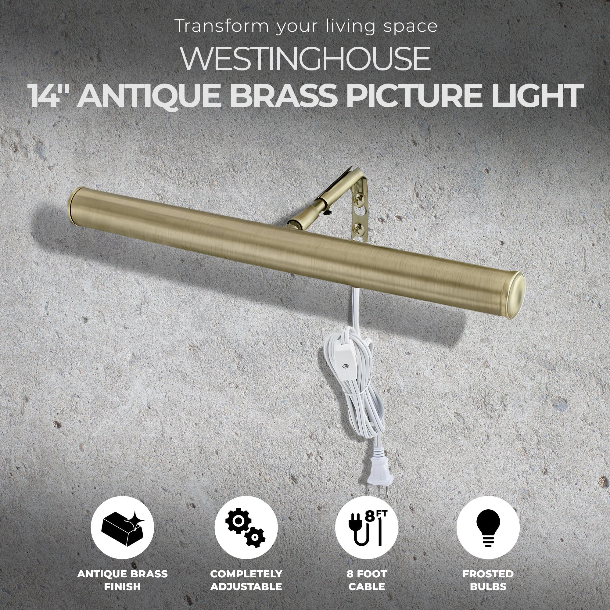 Westinghouse 14 Inch Antique Brass Slimline Picture Light with In Line Switch - VMInnovations