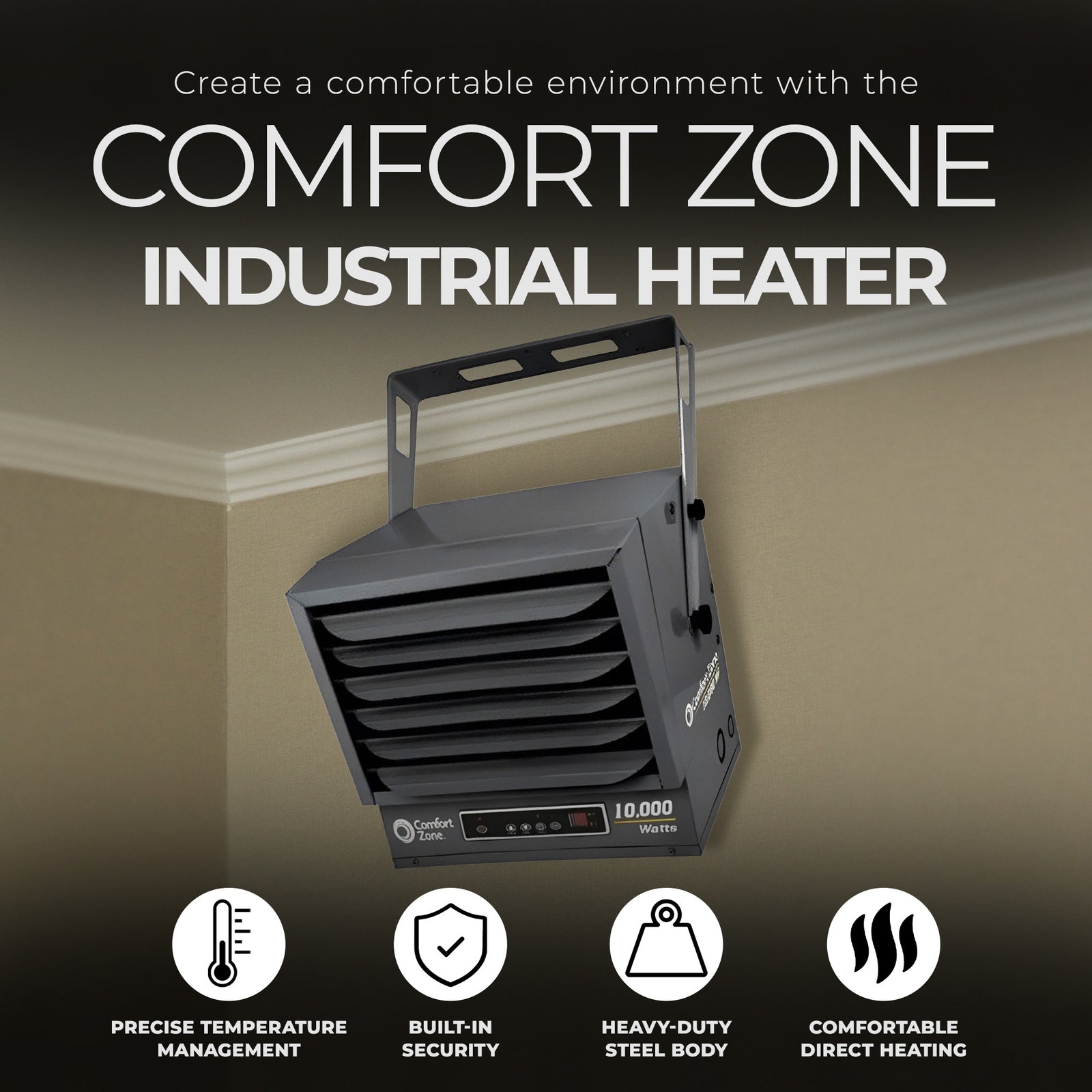 Comfort Zone 10,000W Fan Forced Ceiling Mount Industrial Heater, Charcoal Gray - VMInnovations