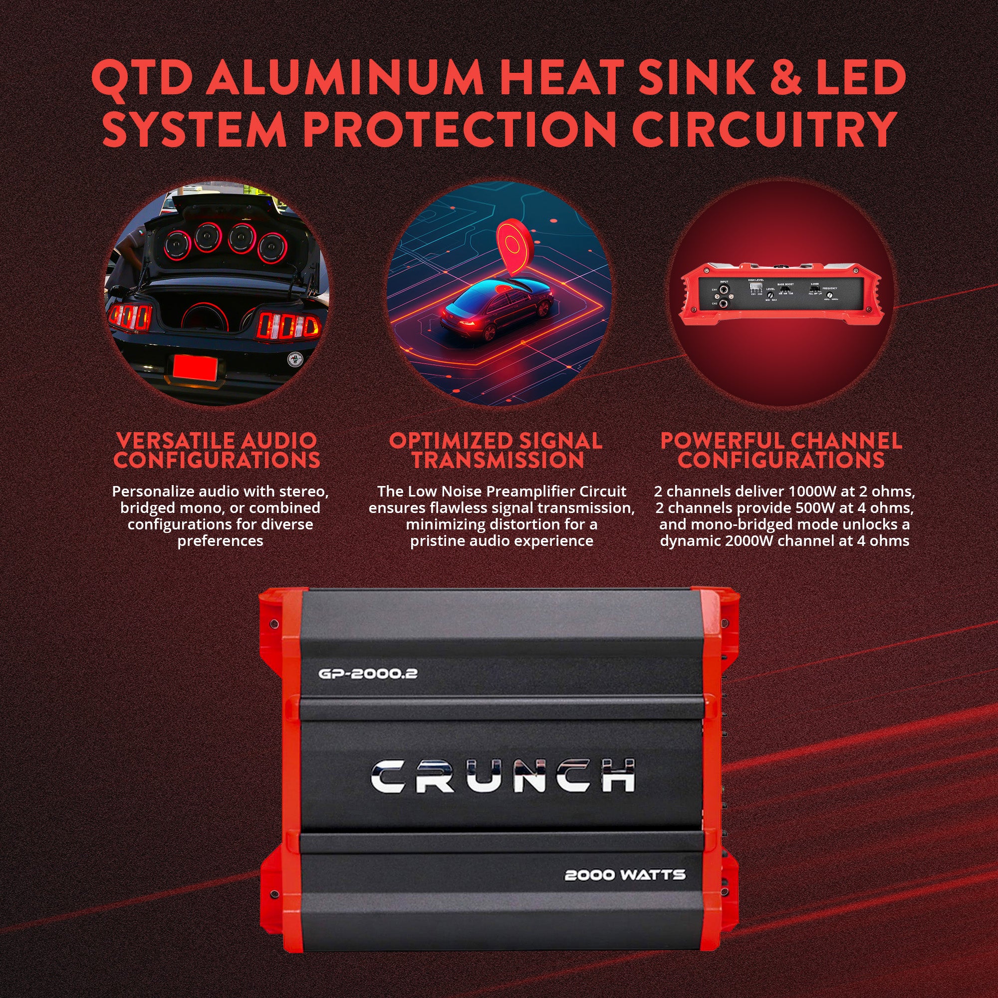 Crunch 2,000 Watt Adjustable 12dB Ground Pounder Car Amplifier, GP-2000.2, Black - VMInnovations