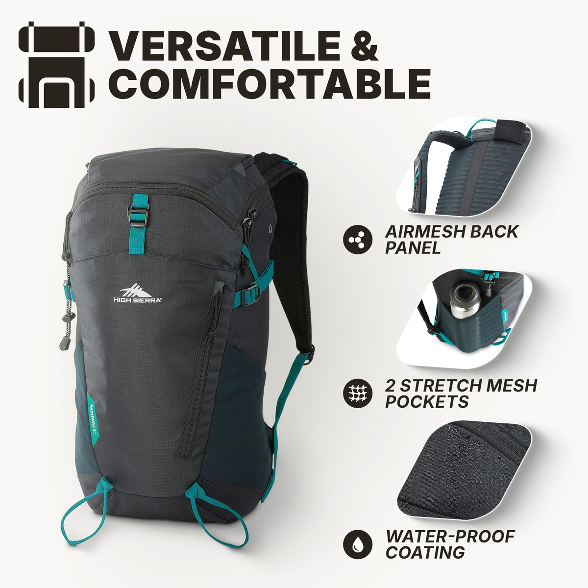 High Sierra 30L Pathway 2.0 Backpack w/Hydration Storage for Hiking, Black