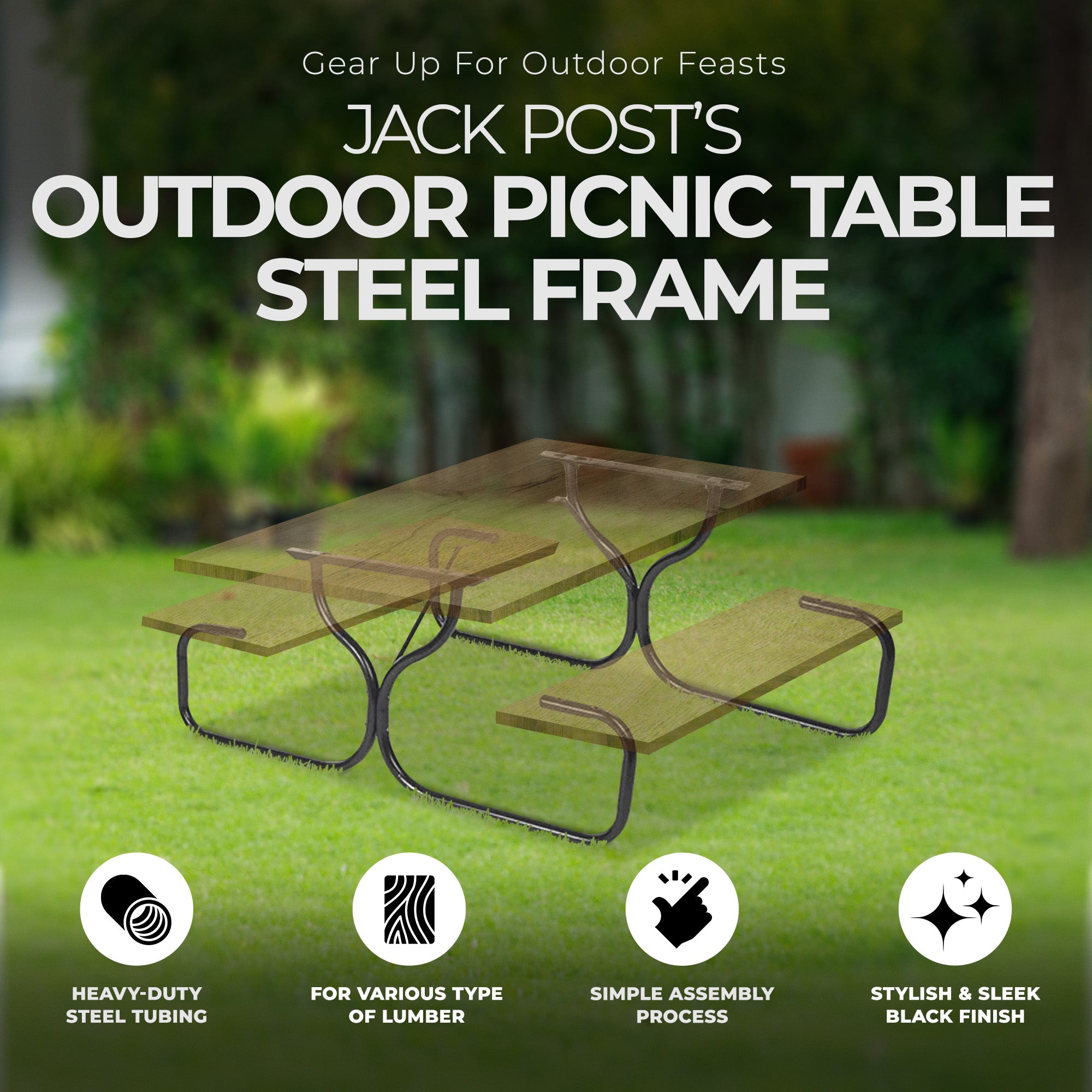 Jack Post Fiesta Charm Outdoor DIY Steel Frame for Wooden Picnic Table, Black - VMInnovations