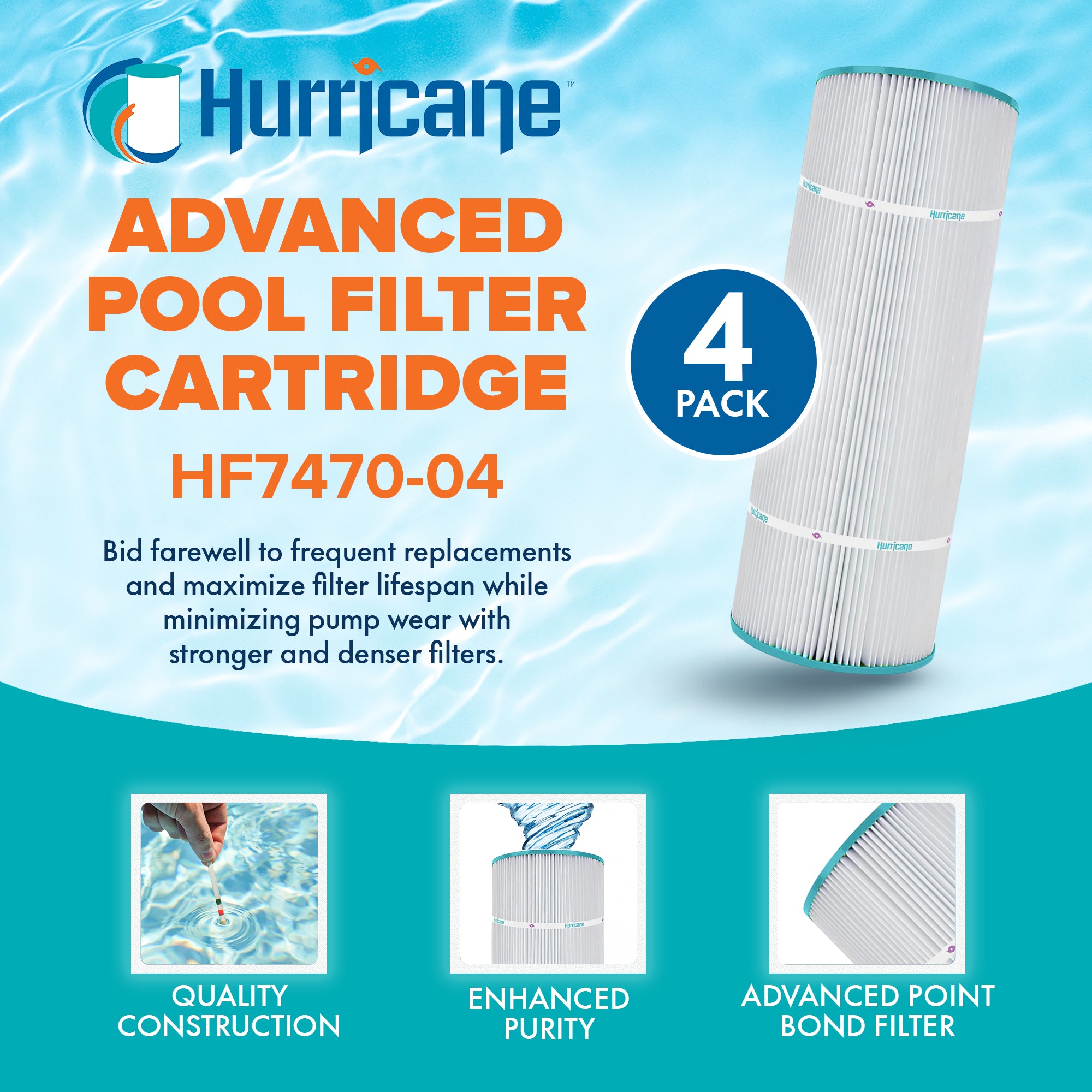 Hurricane 4 Pack HF7470-04 Advanced Pool and Spa Filter Cartridge Replacement