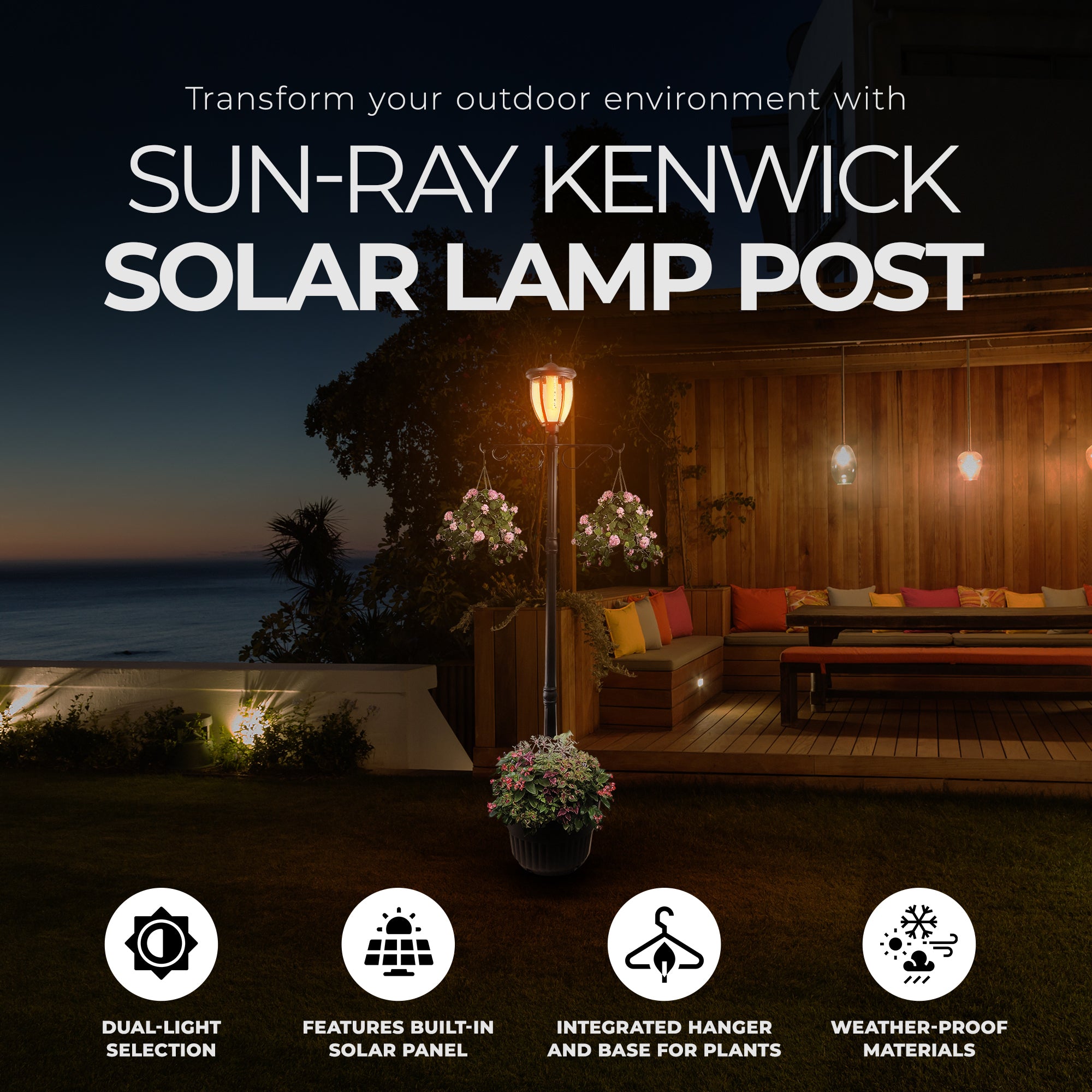 Sun-Ray Kenwick 7 Foot Single Head Solar Lamp Post & Planter, 1 Light, Bronze - VMInnovations