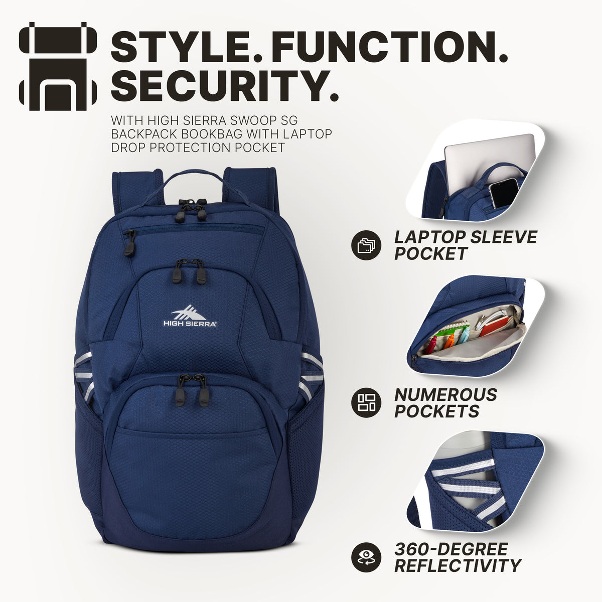High Sierra Swoop Backpack, for Laptop/Tablet, Fits Most 17” Laptops, 30L, Navy