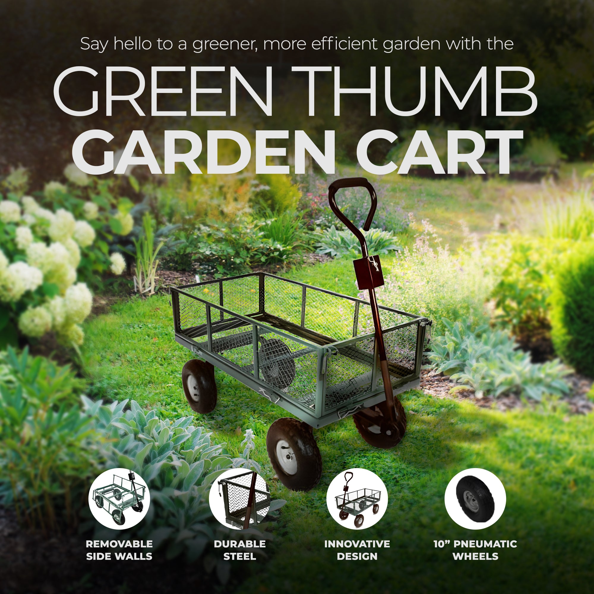 Green Thumb 4 Wheel 38 x 20" Garden Cart w/Removable Mesh Sidewalls (Open Box) - VMInnovations