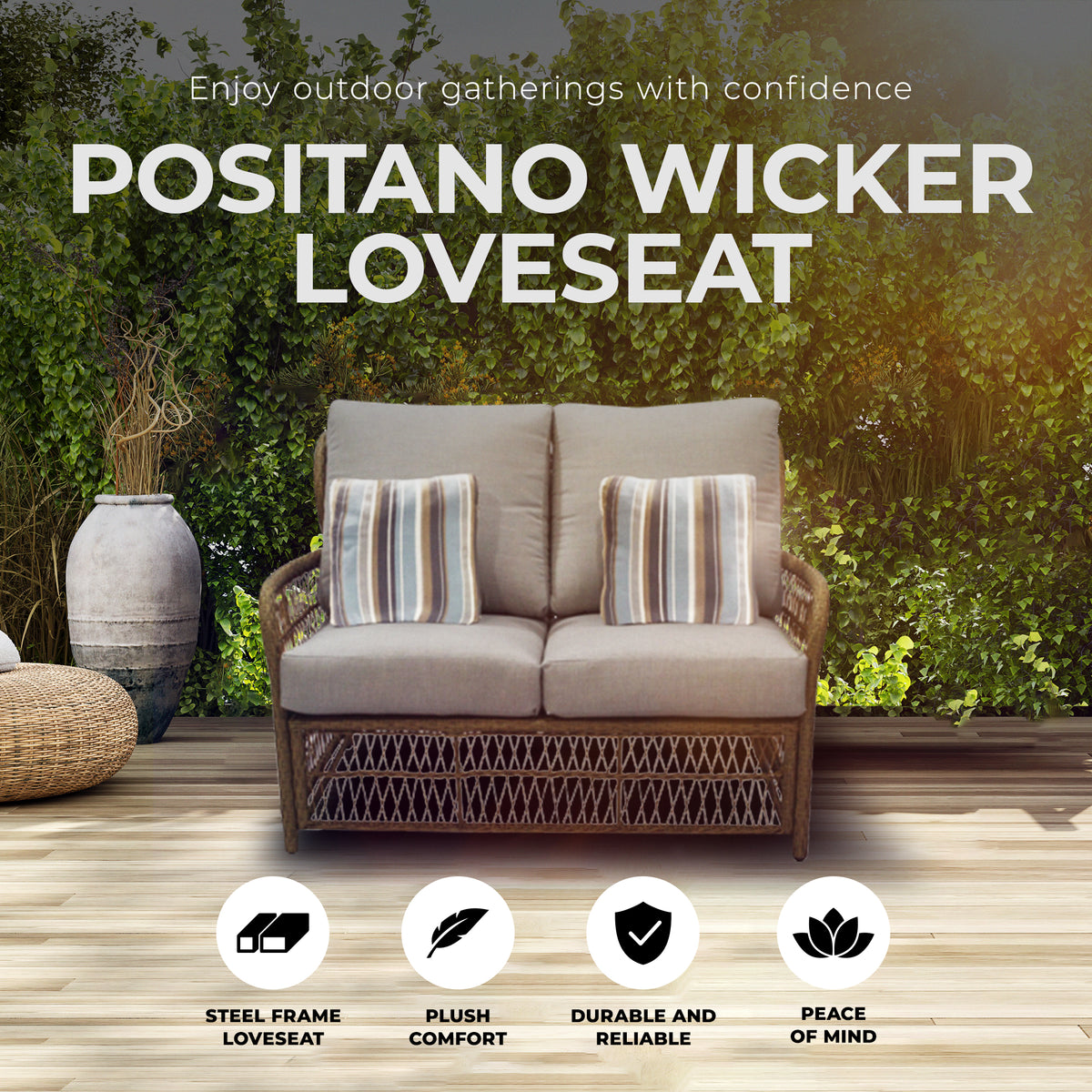Four Seasons Courtyard Positano Wicker Cushioned Loveseat w/ 2 Accessory Pillows - VMInnovations