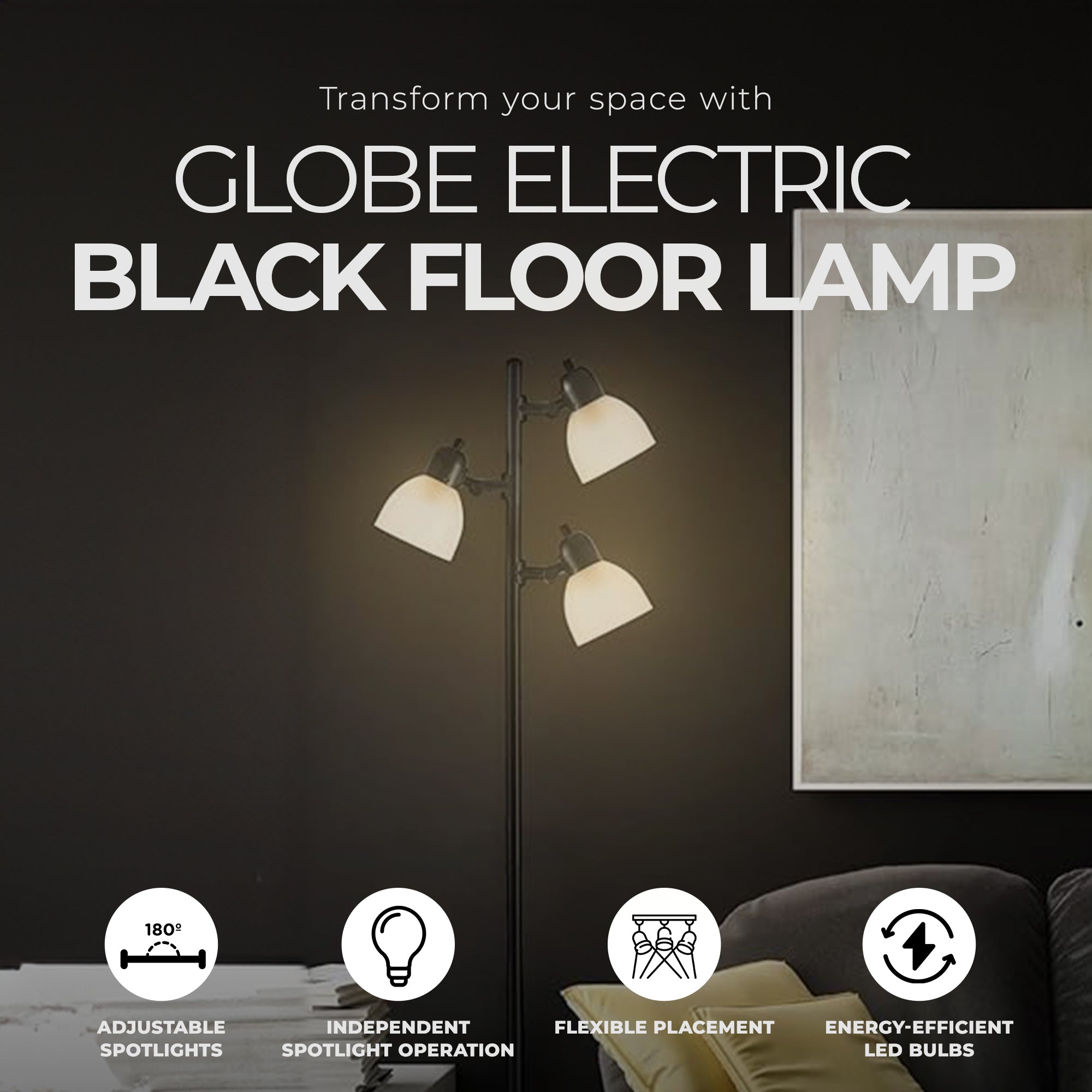 Globe Electric 63 Inch Floor Lamp w/3 Rotating LED Spotlights, Black (Open Box) - VMInnovations